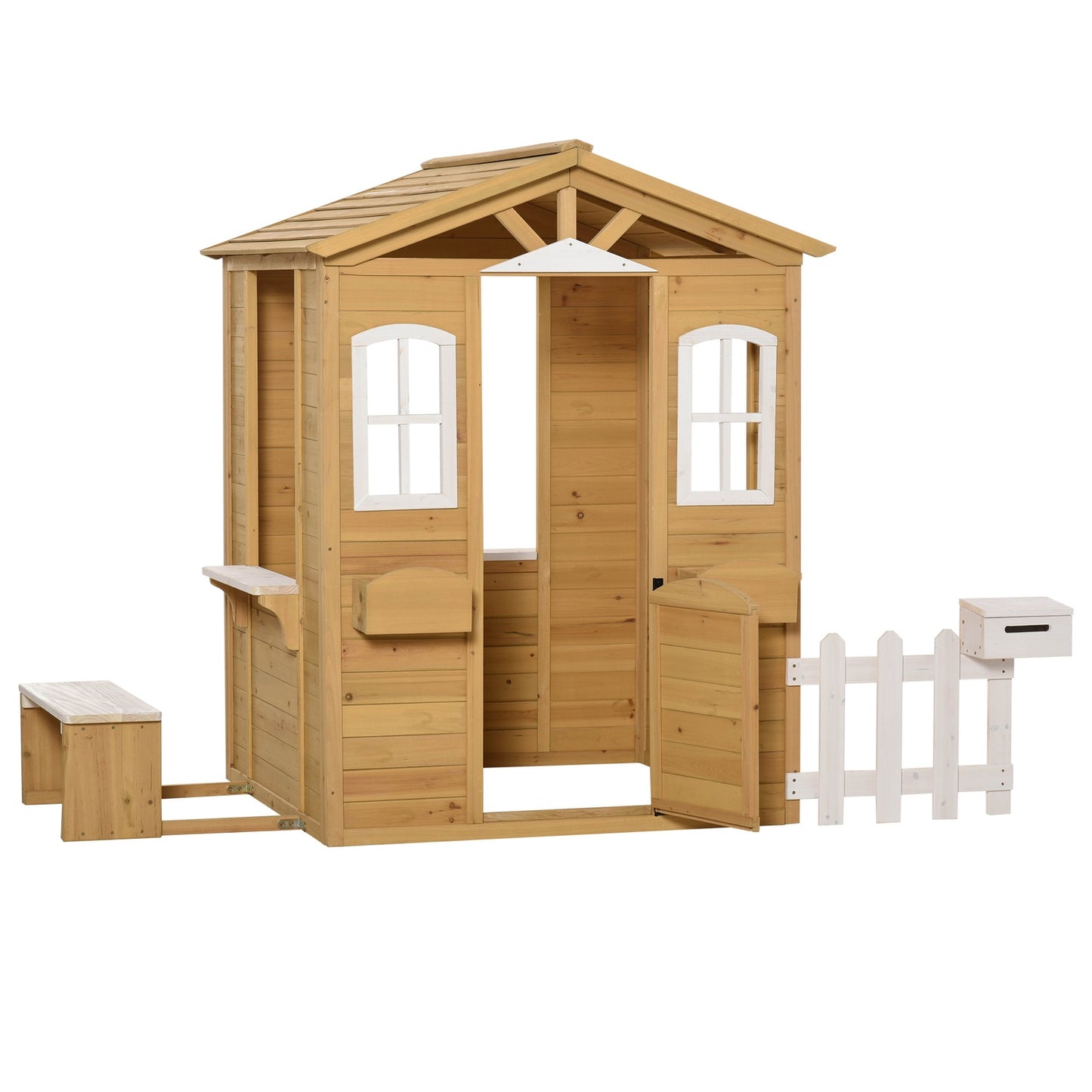 Children's wooden playhouse Outdoor playhouse with door, window and planter mailbox bench for children 3-6 years