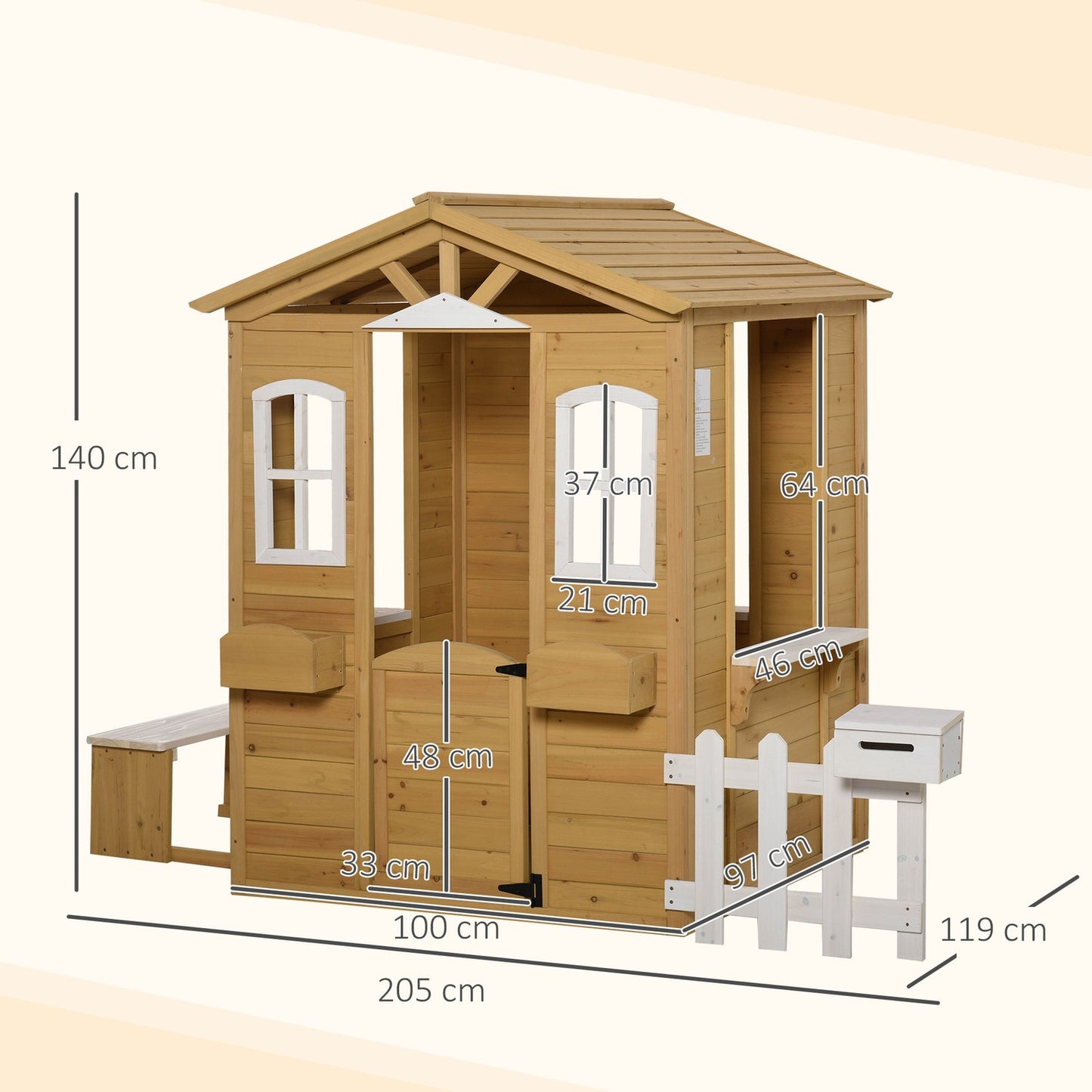 Children's wooden playhouse Outdoor playhouse with door, window and planter mailbox bench for children 3-6 years