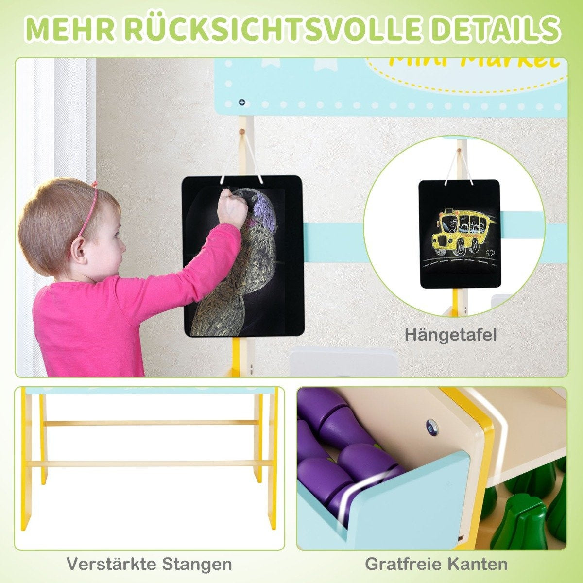 Children's wooden shop with removable board & POS machine & scanner & market toy set