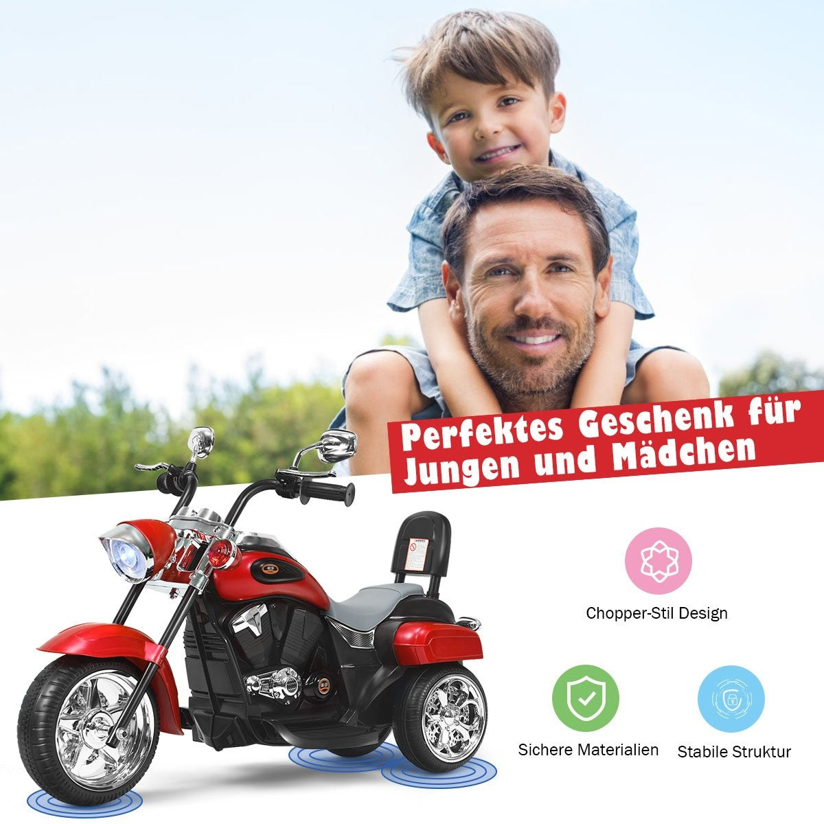 Chopper-Style Motorcycle Electric Motorcycle Children's Motorcycle Motorcycle 91 x 48 x 64 cm Red + Black
