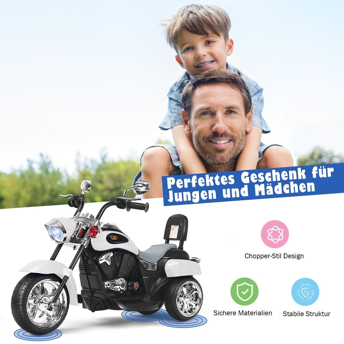 Chopper-style motorcycle battery-operated motorcycle 91 x 48 x 64 cm white + black