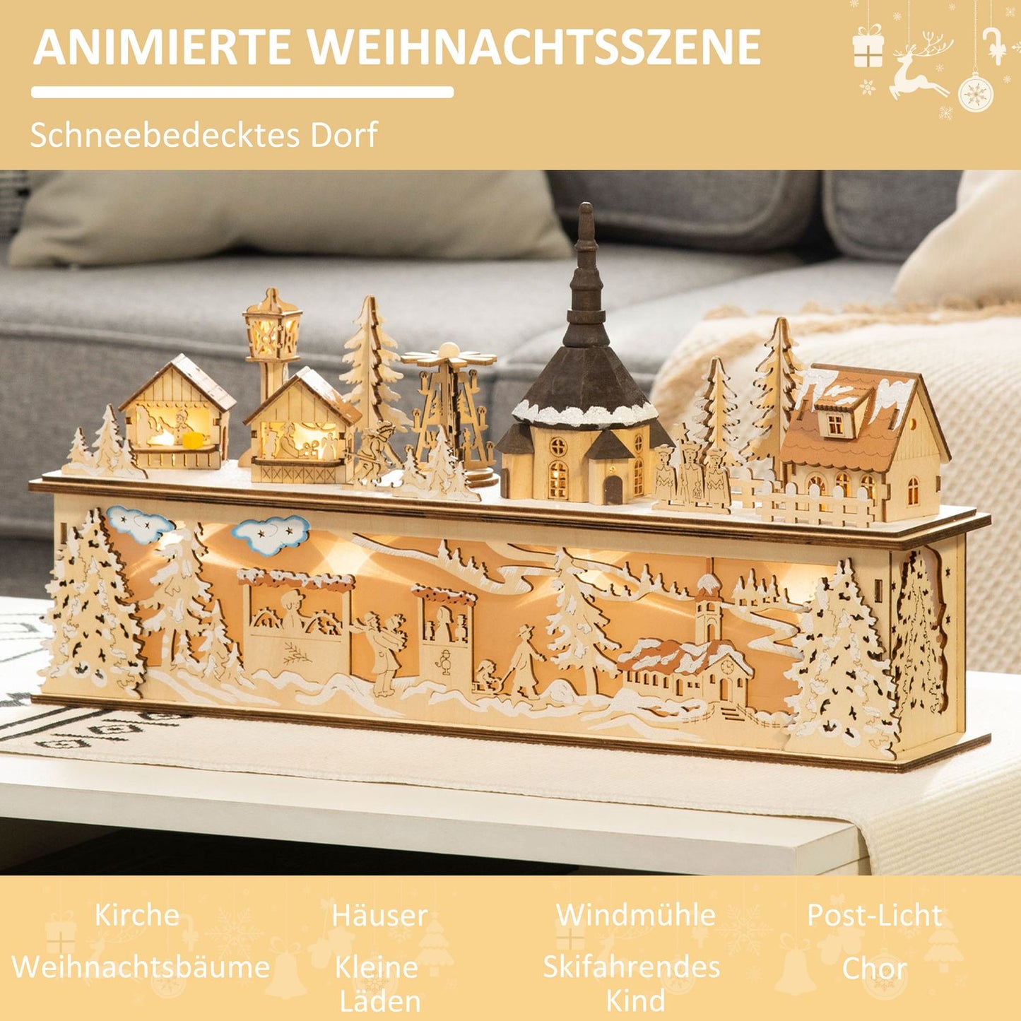 Christmas village decoration, LED-illuminated winter landscape, 45x10x25 cm