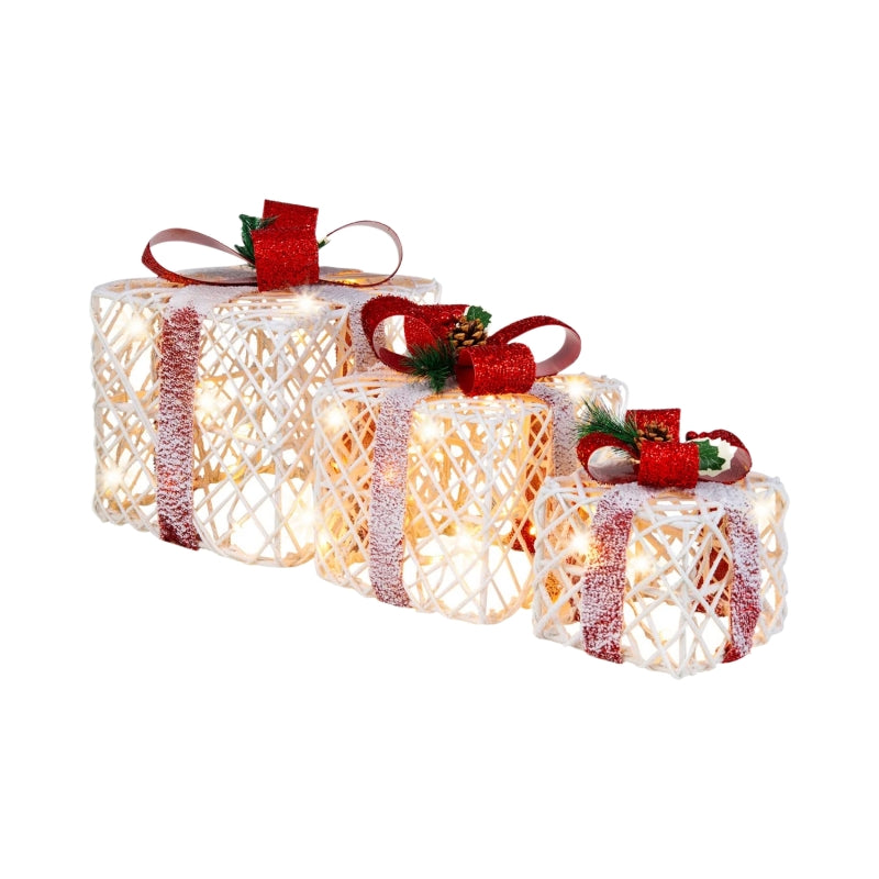 Christmas Gift Boxes Set of 3 Lighted Gift Boxes with Bows LED Lights 6H Timer