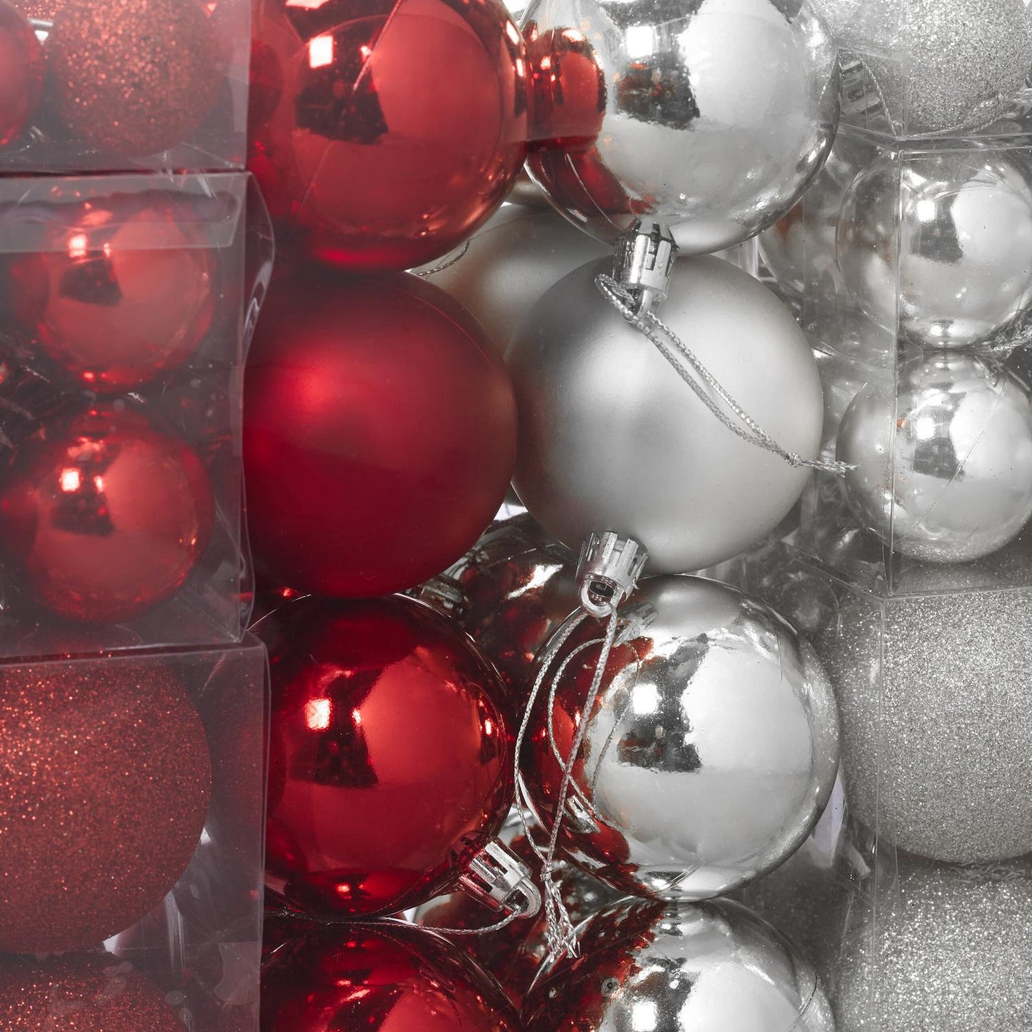 Christmas Tree Baubles Set, Red & Silver, Various Sizes