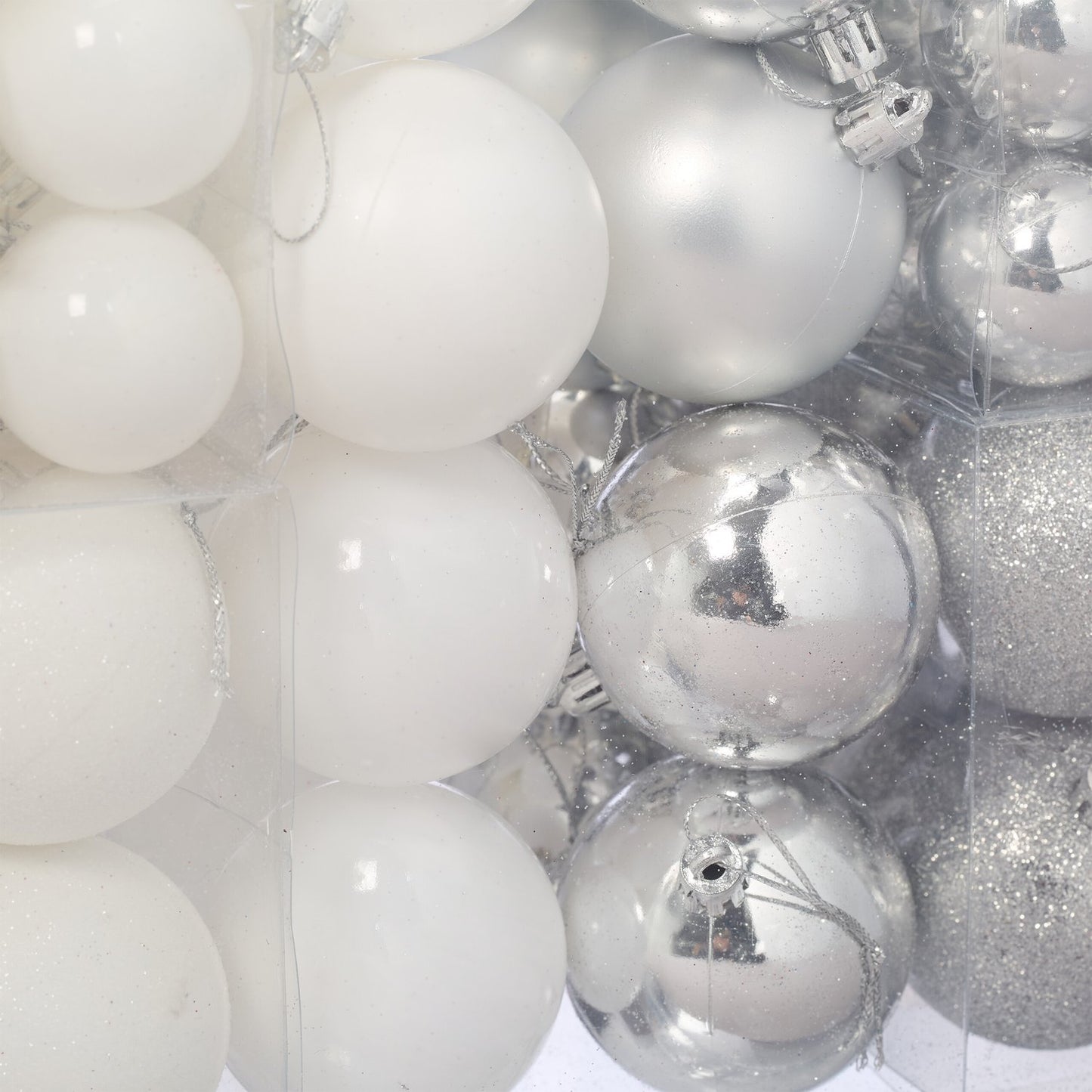 Christmas Tree Baubles Set, Silver & White, Various Finishes