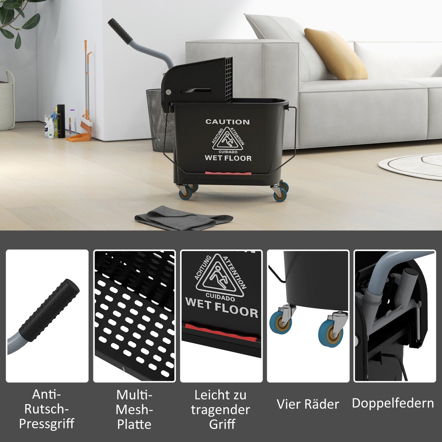 Cleaning trolley with 20L Double chamber buckets - Black