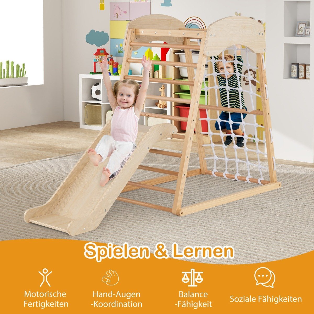 Climbing frame indoor 6 in 1 pull up bar & slide & climbing rocks & climbing net natural