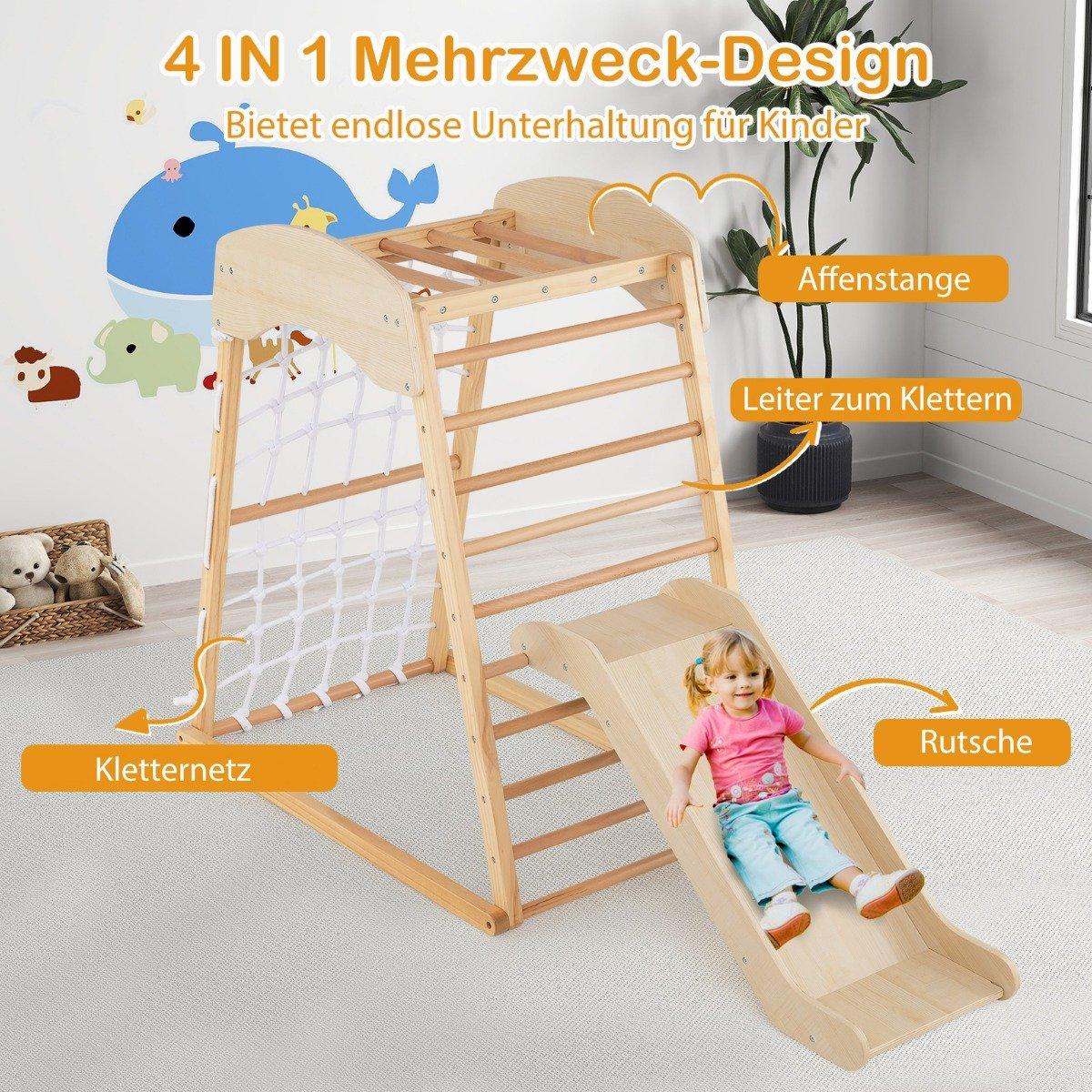Climbing frame indoor 6 in 1 pull up bar & slide & climbing rocks & climbing net natural