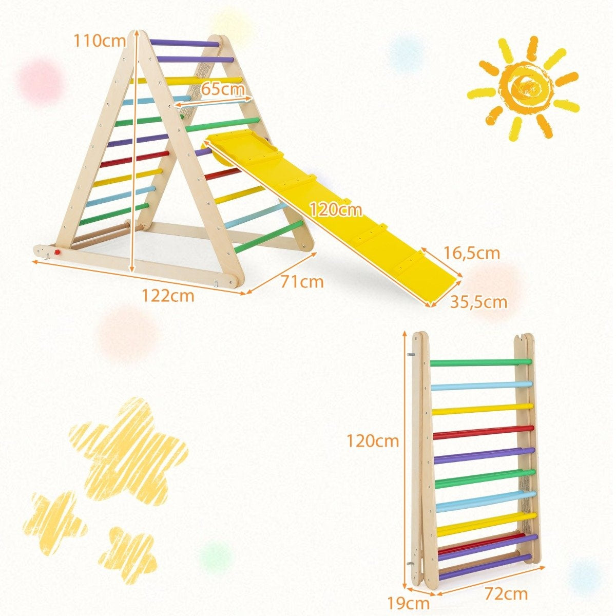 Climbing triangle with ladder. Foldable climbing frame. Rung triangle for development. Colorful