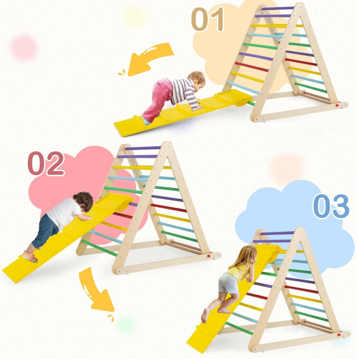 Climbing triangle with ladder. Foldable climbing frame. Rung triangle for development. Colorful
