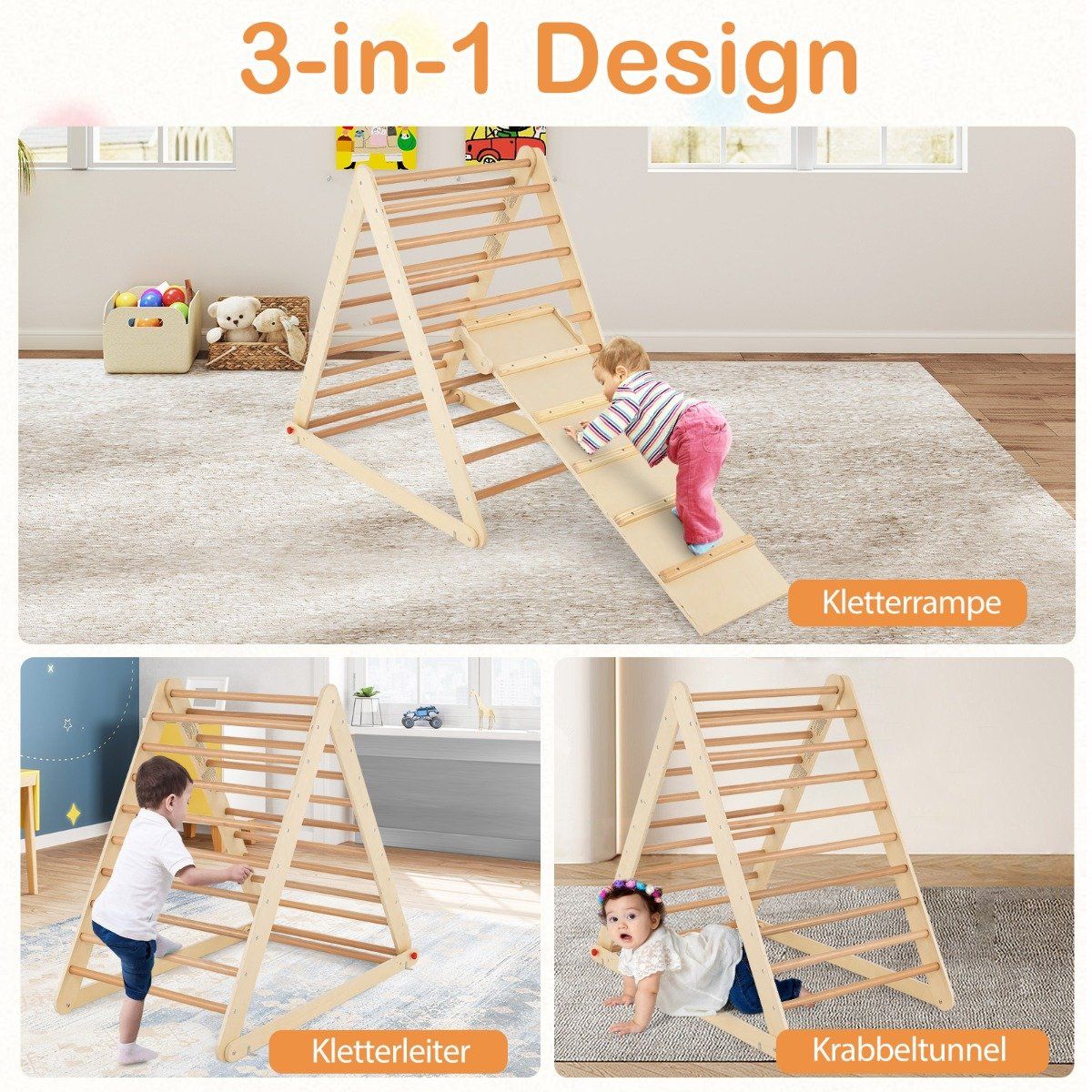 Climbing triangle with ladder. Foldable climbing frame, rung triangle for development in nature