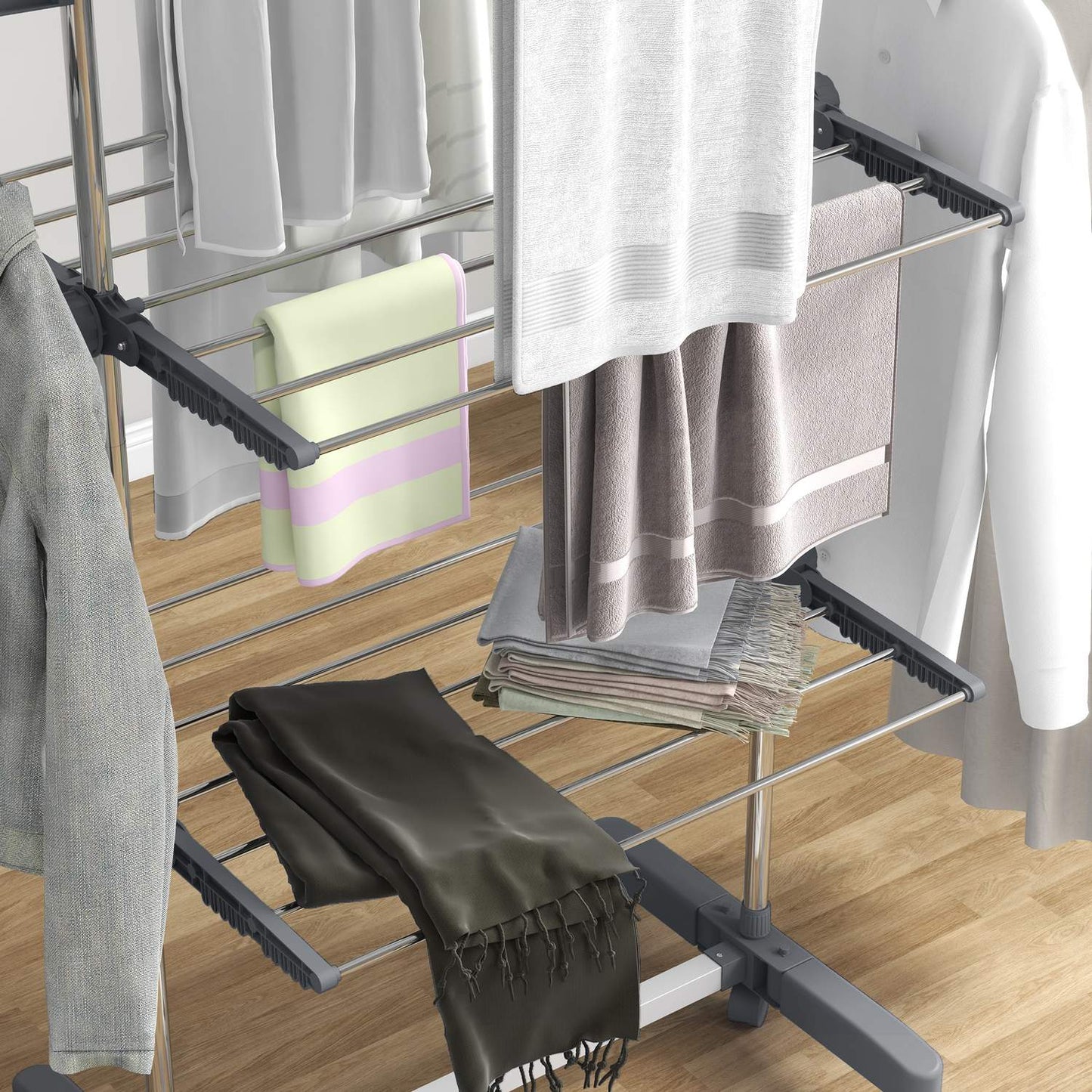 Folding clothes air tower with wheels, 3 levels, steel