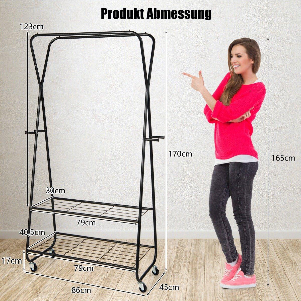 Clothes rack on wheels with 2 clothes rails & 2 shelves & 4 hooks coat stand