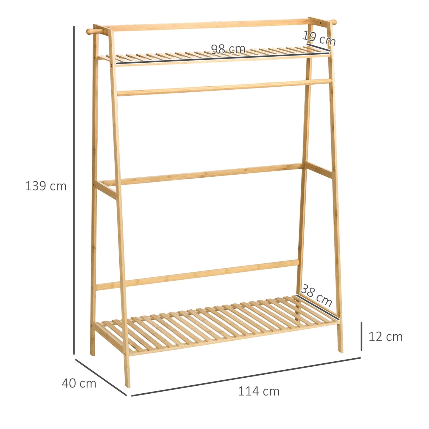 Bamboo clothes rack with shelves and hooks, natural wood