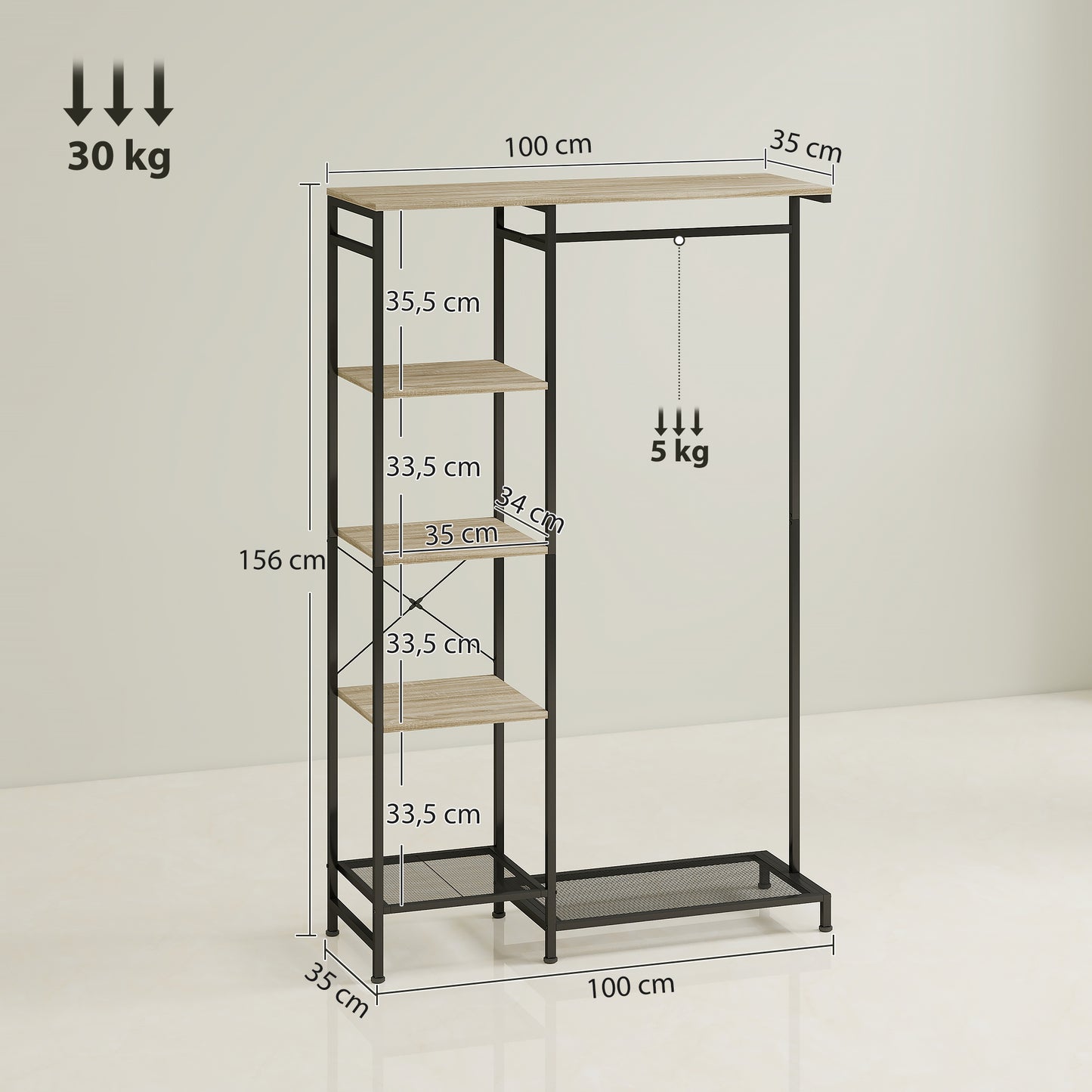 Coat Rack with Shoe Shelf and Safety Strap, Oak