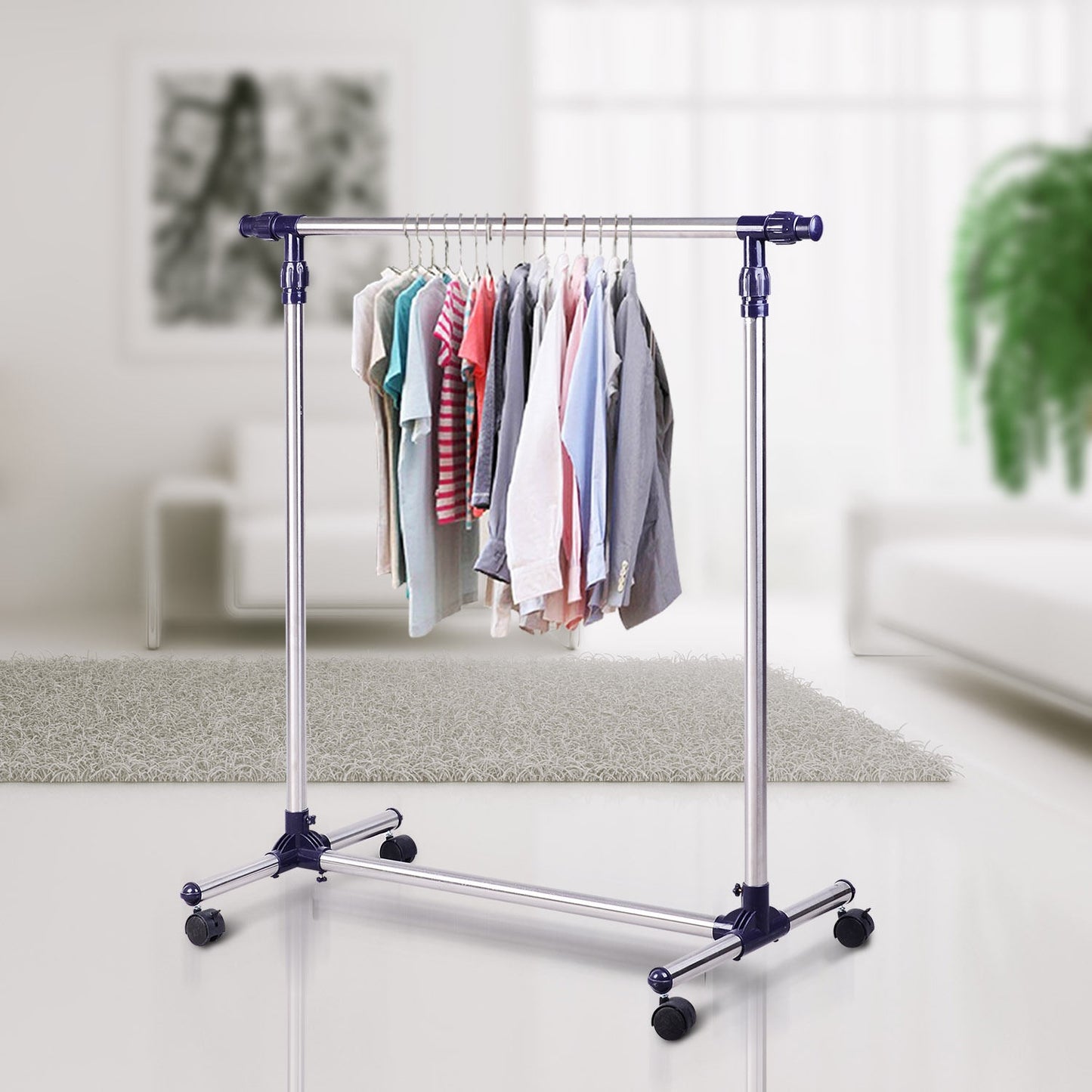 Adjustable clothes rack with wheels - stainless steel rail