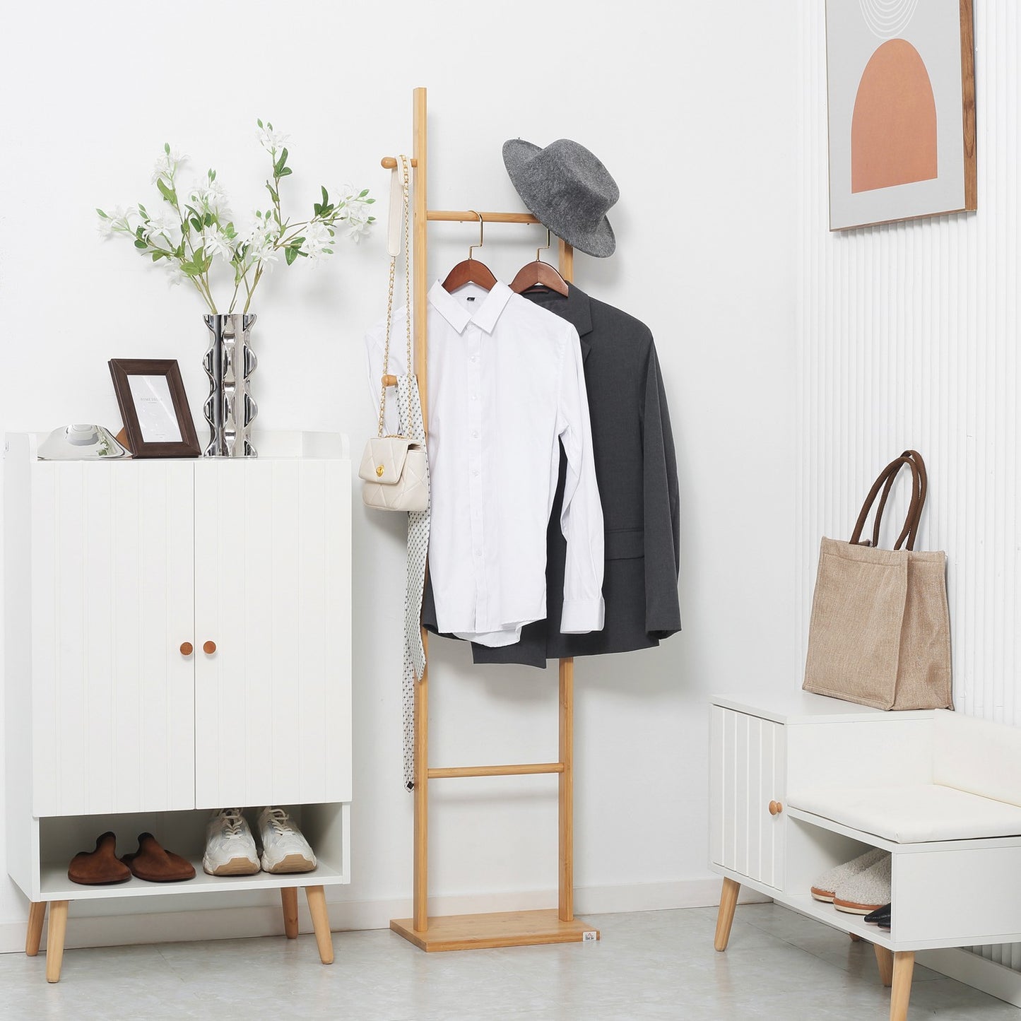 Natural bamboo coat hanger - 2 hooks, 3 rods, 36x24x168 cm