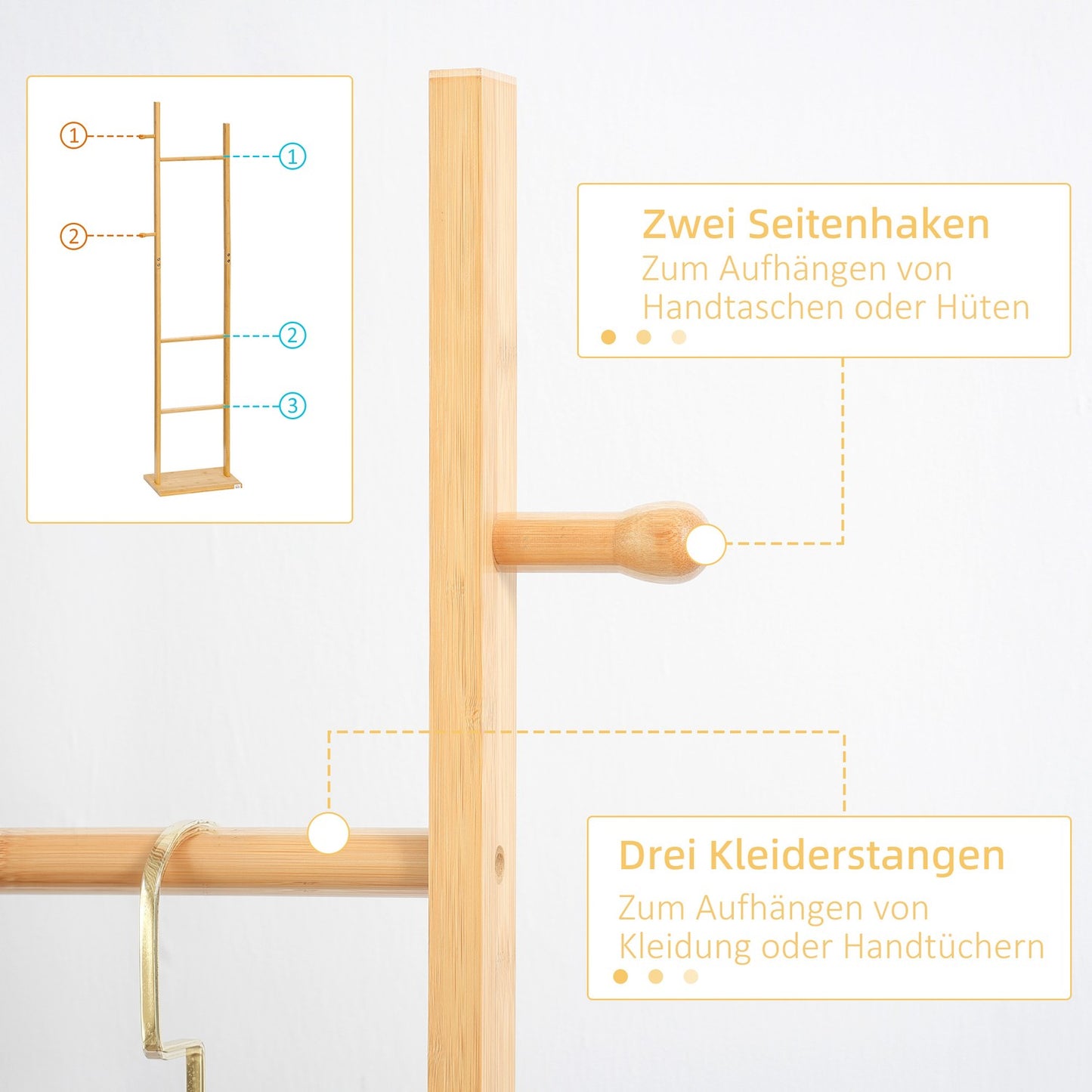 Natural bamboo coat hanger - 2 hooks, 3 rods, 36x24x168 cm
