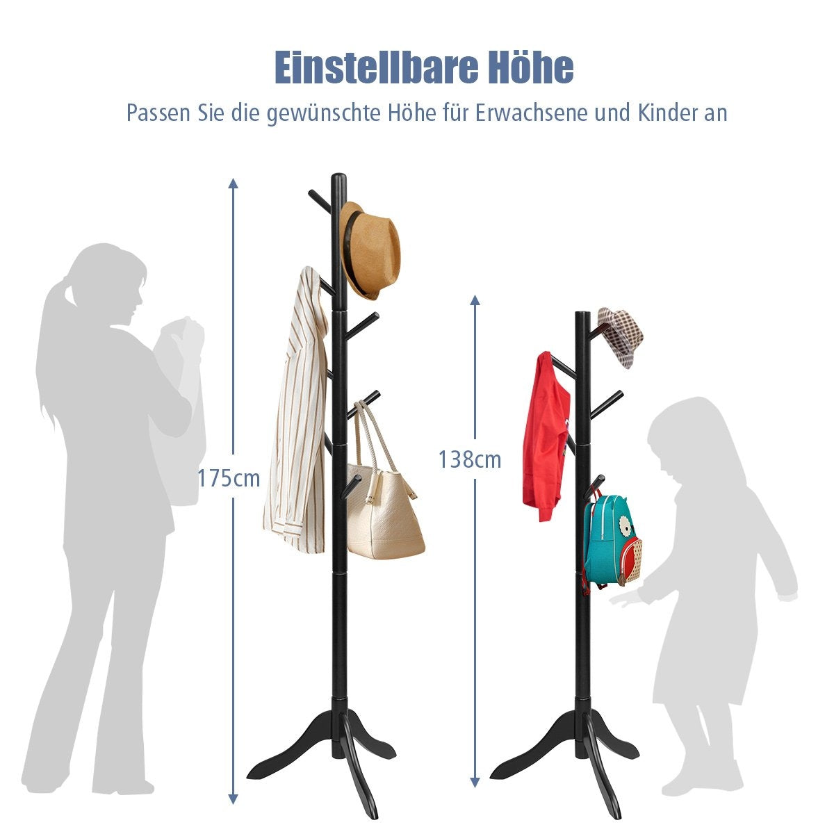 Coat rack with 8 hooks, wooden clothes rack, height adjustable, 175 cm, black