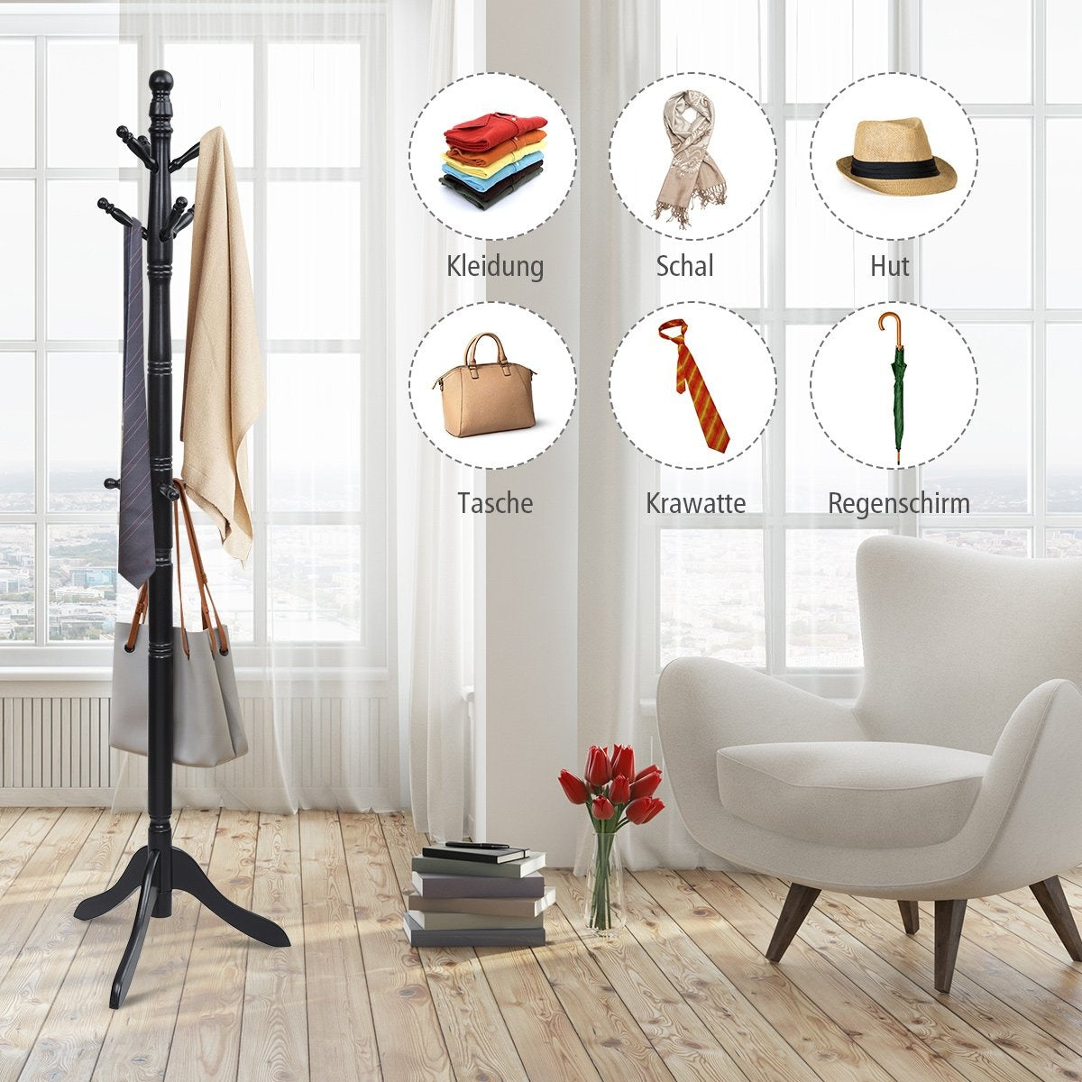 Coat rack with 9 hooks free-standing clothes rack with adjustable height 175 cm black