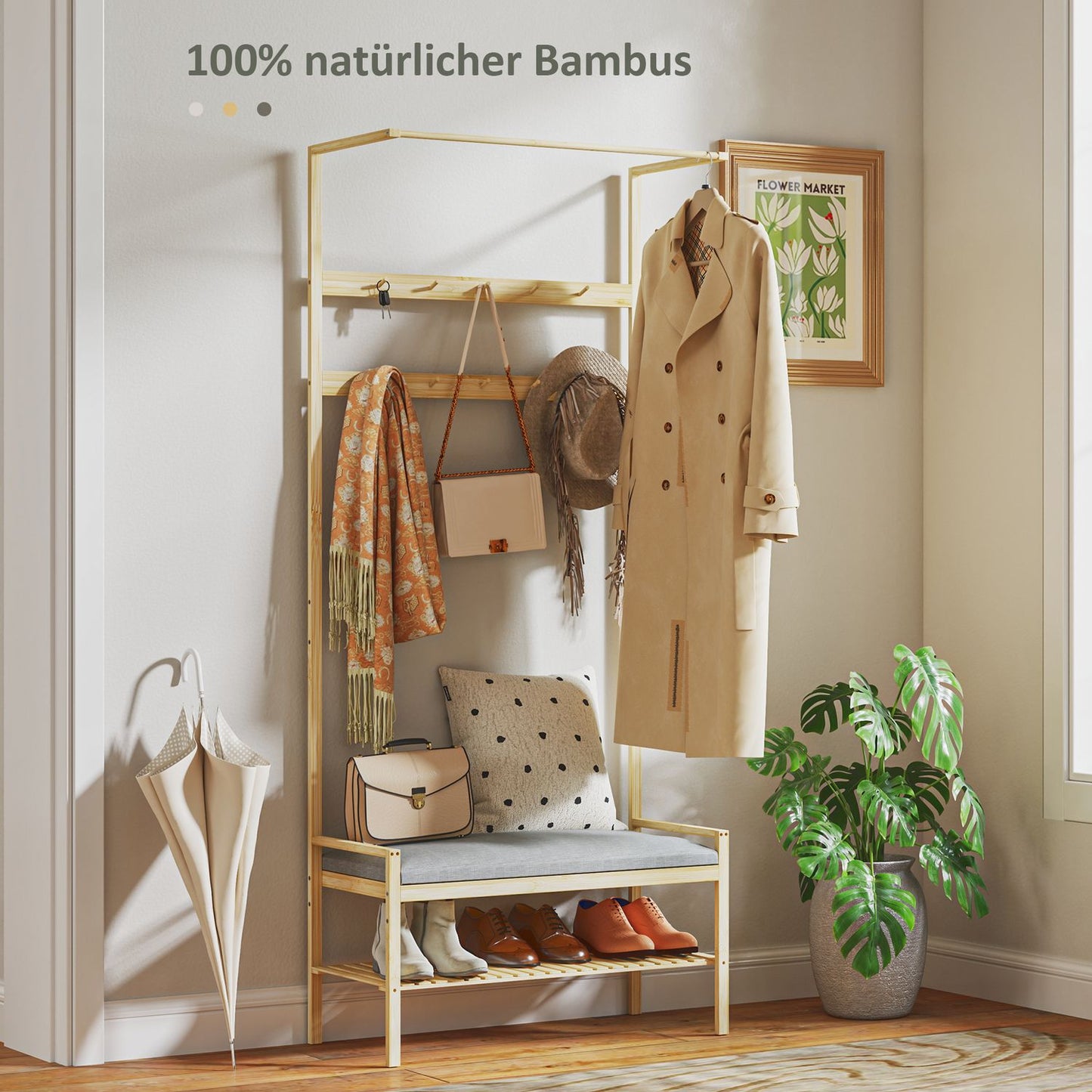 Bamboo coat and shoe rack with bench and hooks