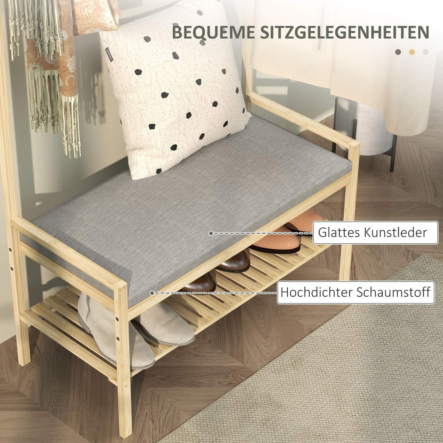 Bamboo coat and shoe rack with bench and hooks