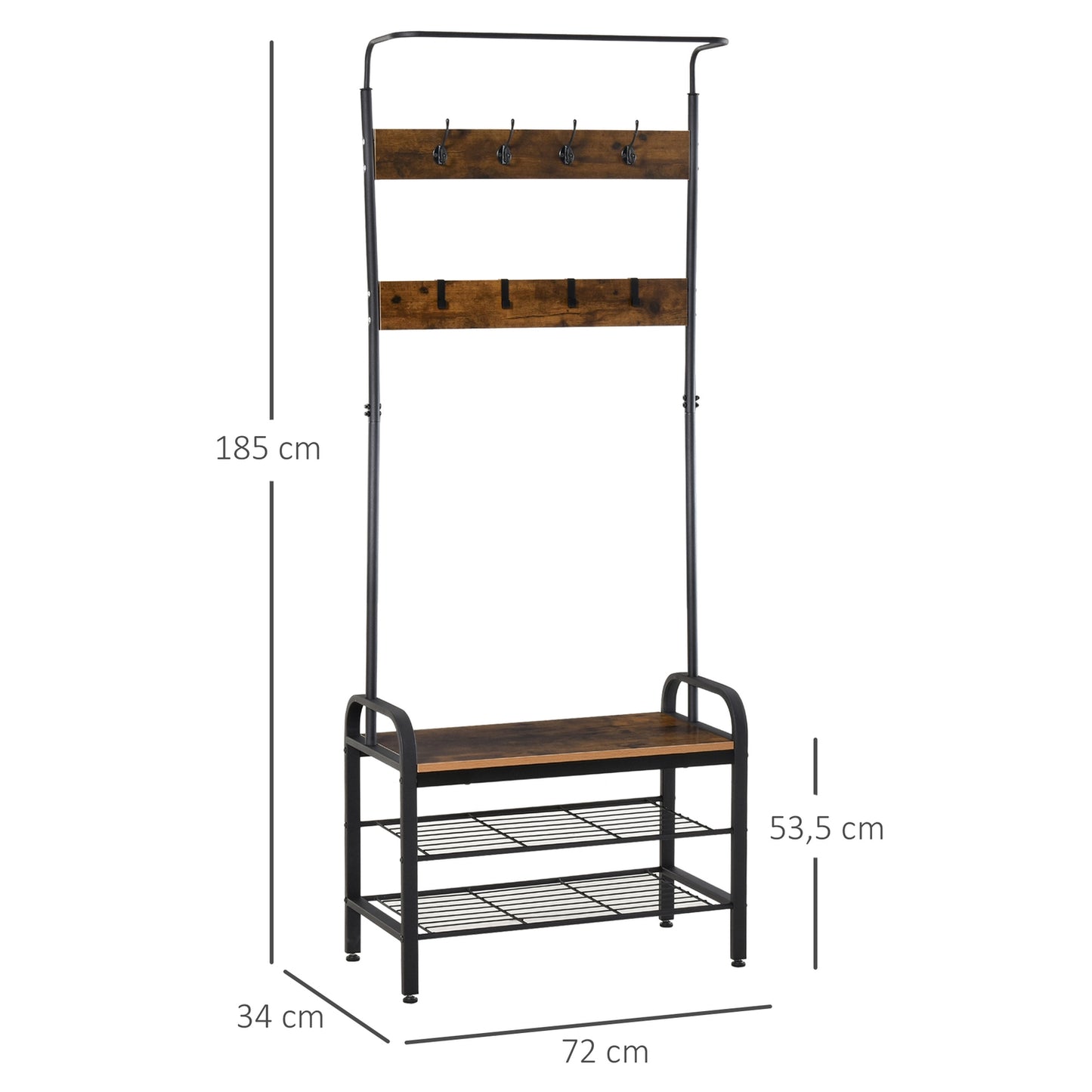Black MDF coat and shoe rack - 8 hooks, 2 shelves