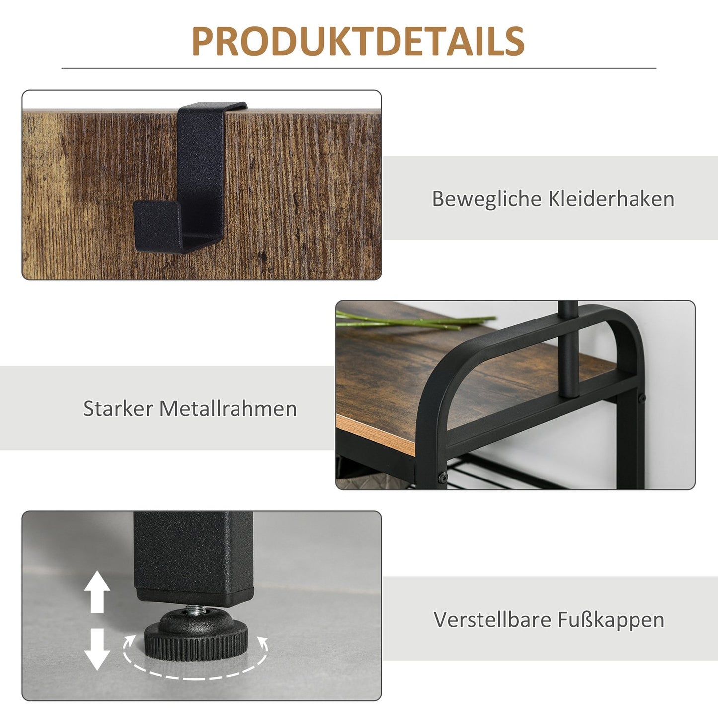 Black MDF coat and shoe rack - 8 hooks, 2 shelves