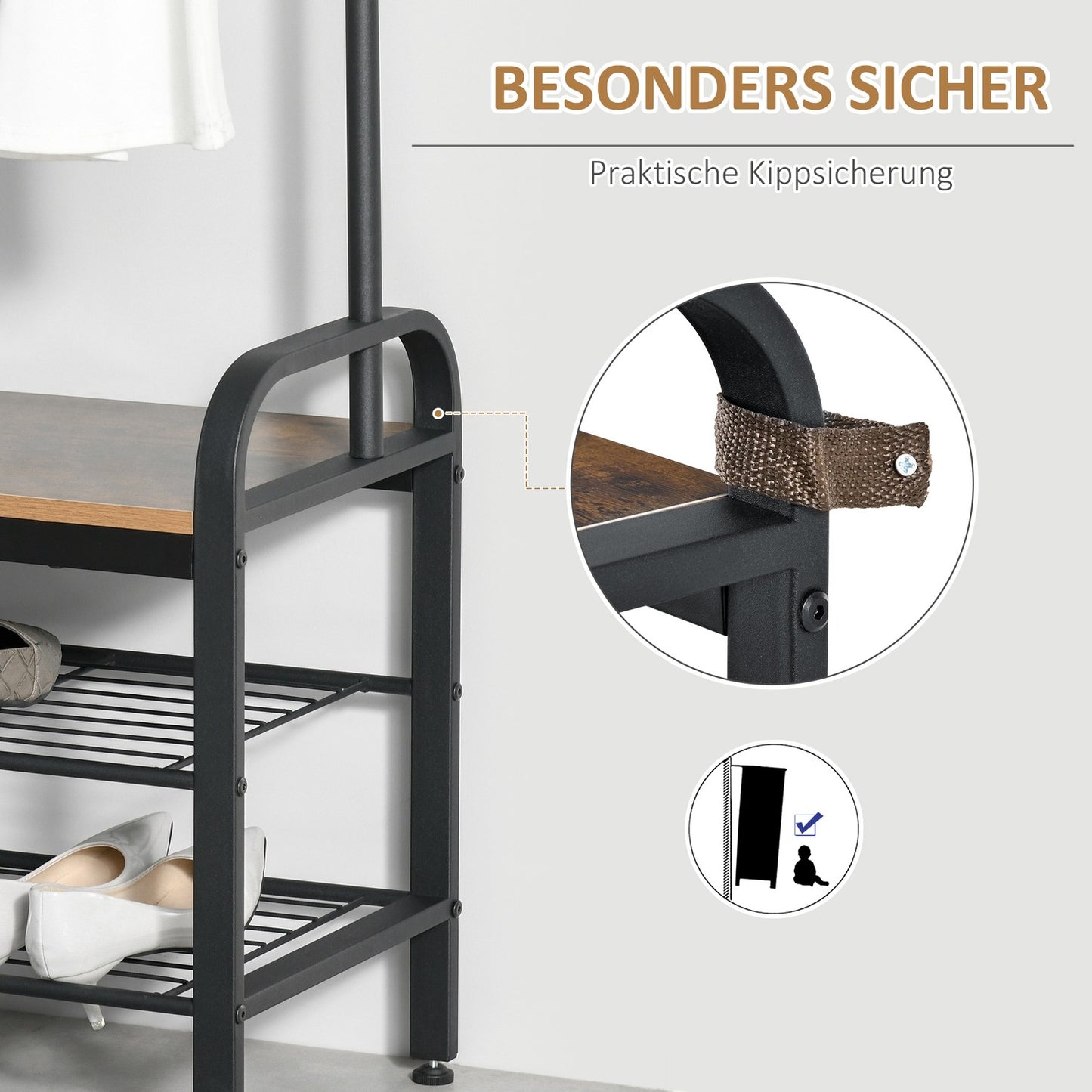 Black MDF coat and shoe rack - 8 hooks, 2 shelves