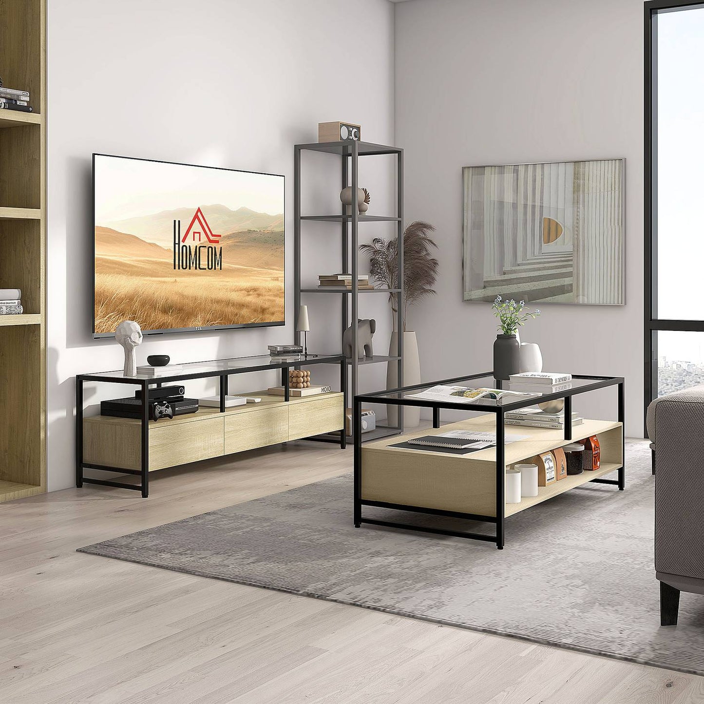 Coffee table with drawer & glass top – Oak & Steel
