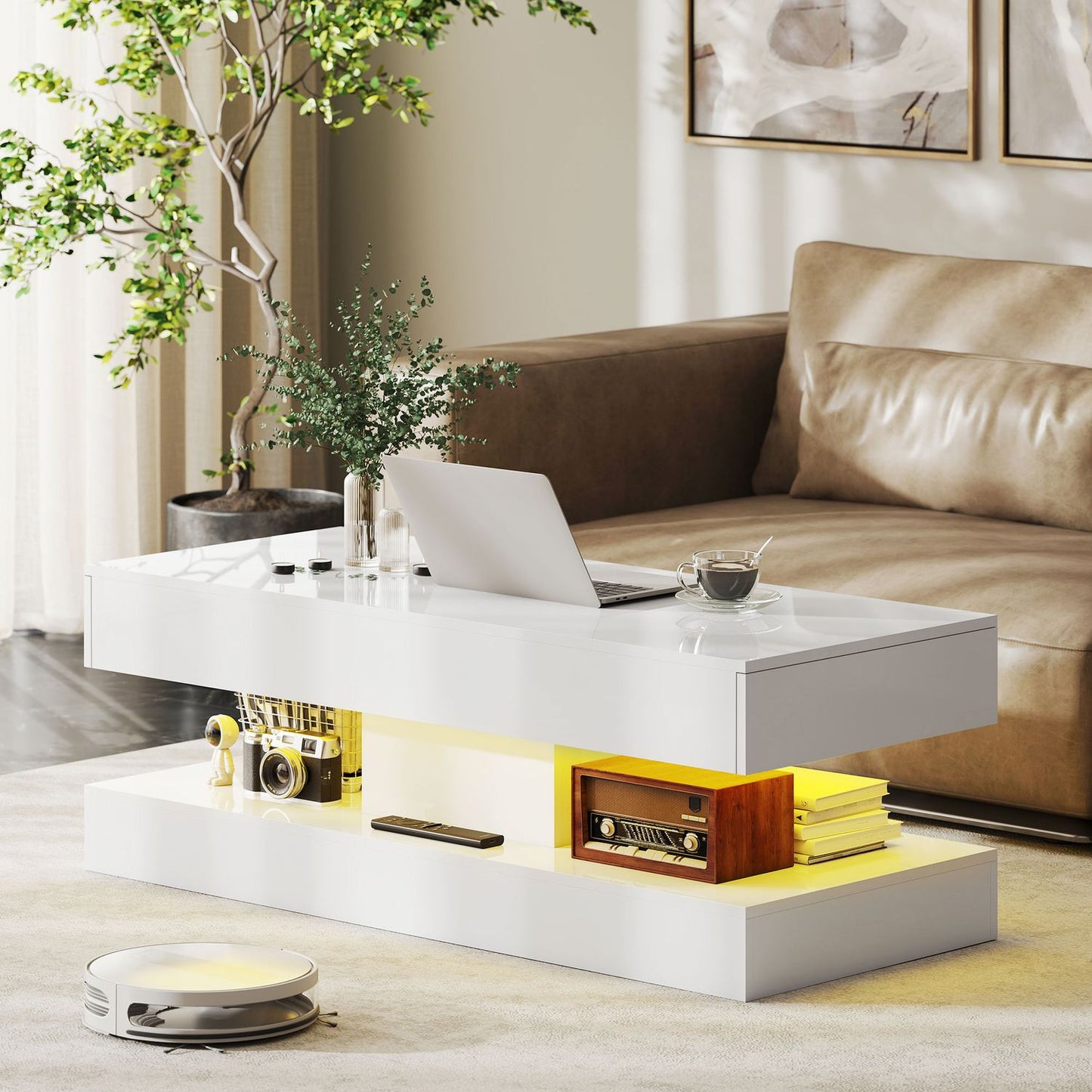 Coffee Table with Drawers and LED Lights, White MDF