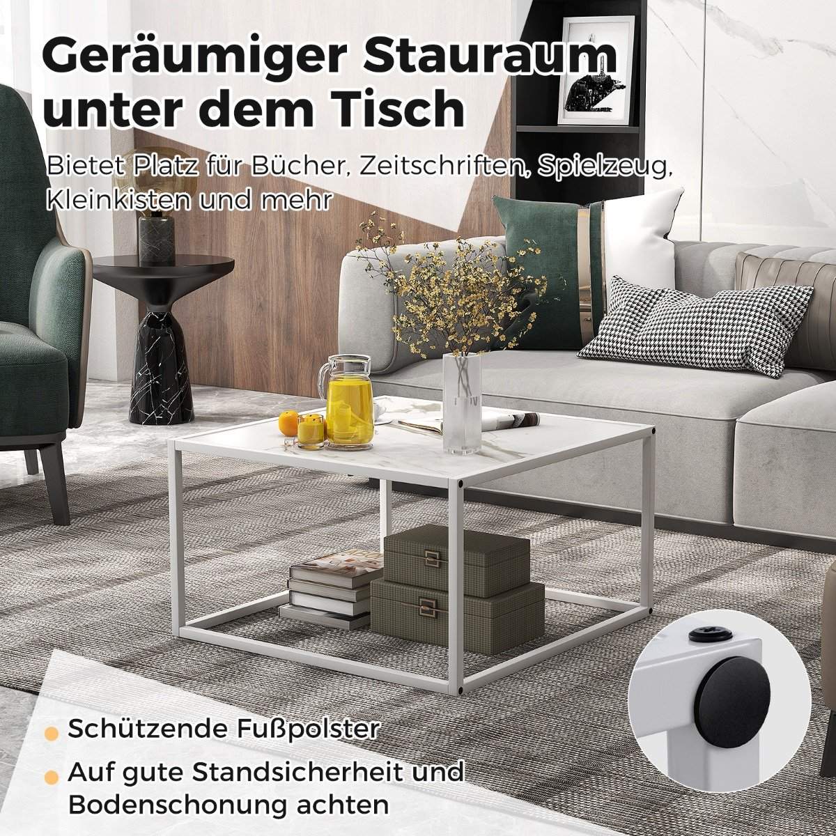 Coffee table marble look rectangular coffee table with metal frame 70 x 70 x 40 cm white