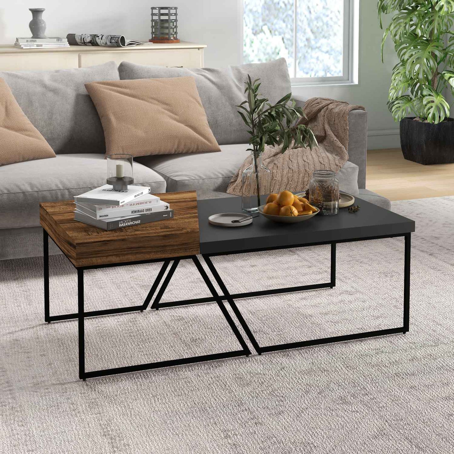 Industrial steel side table - geometric design, black