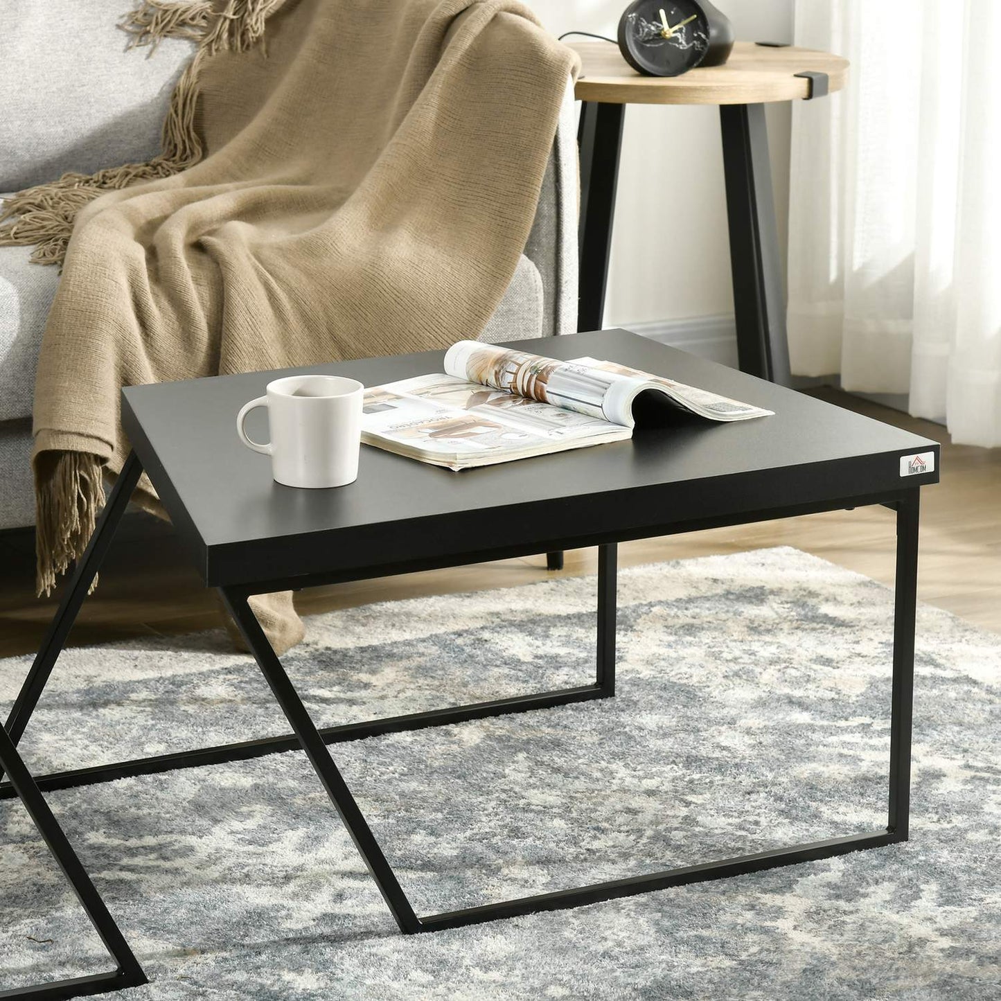 Industrial steel side table - geometric design, black