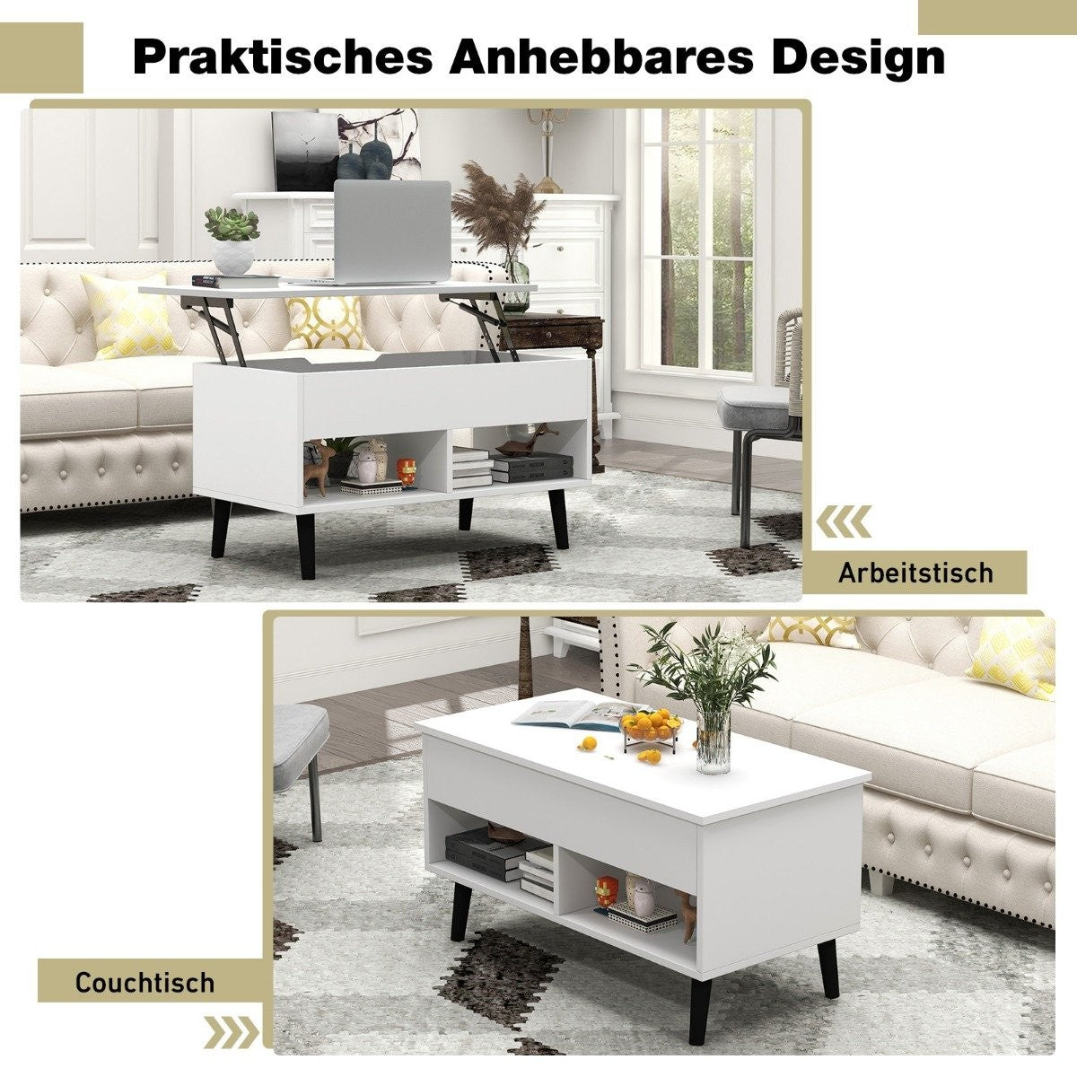 Coffee table with liftable table top Modern living room table 80 x 40 x 44.5 cm white