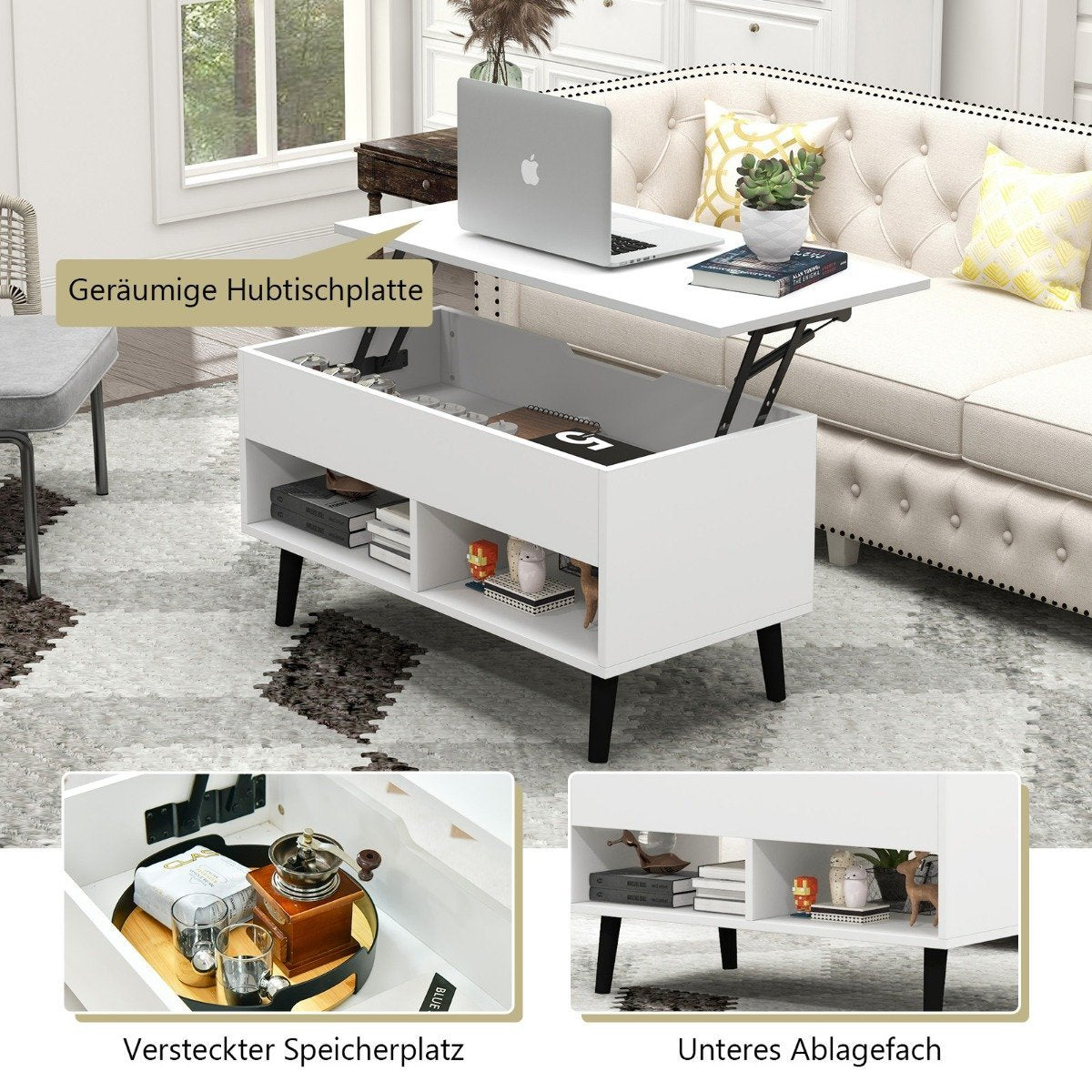 Coffee table with liftable table top Modern living room table 80 x 40 x 44.5 cm white