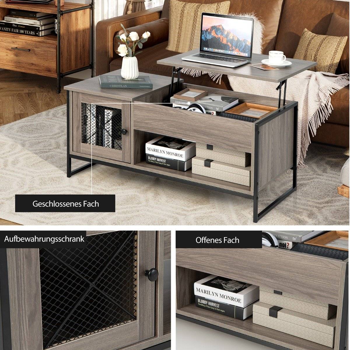 Coffee table with lifting plate, center table with pneumatic lifting device 106 x 55 x 44.5 cm grey