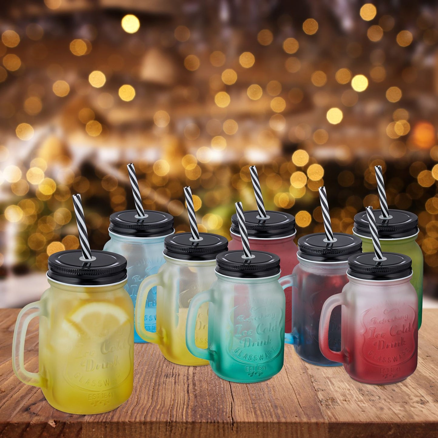 Colorful drinking glasses with lids set of 8