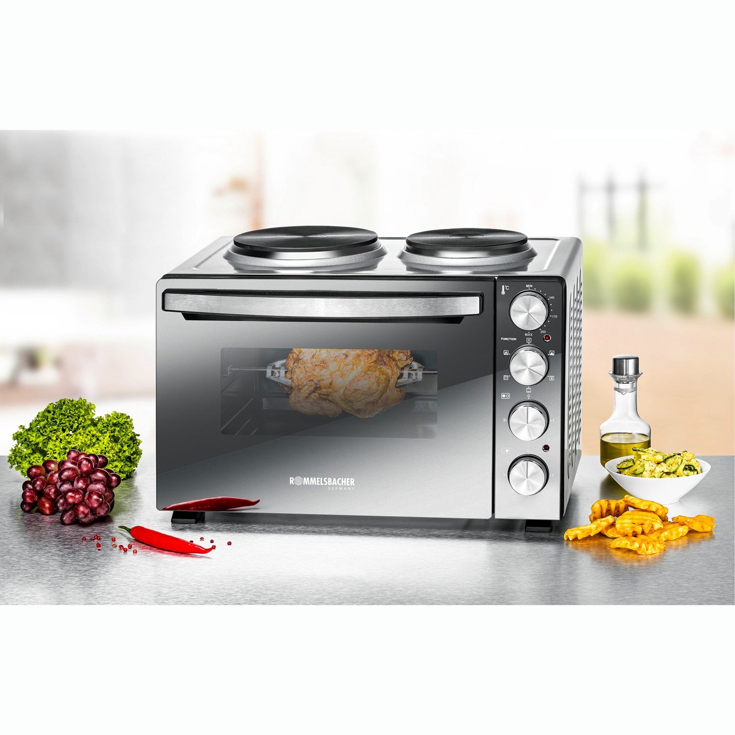 Compact Electric Oven with Hotplates, 30L, 3250W, Mirror Glass