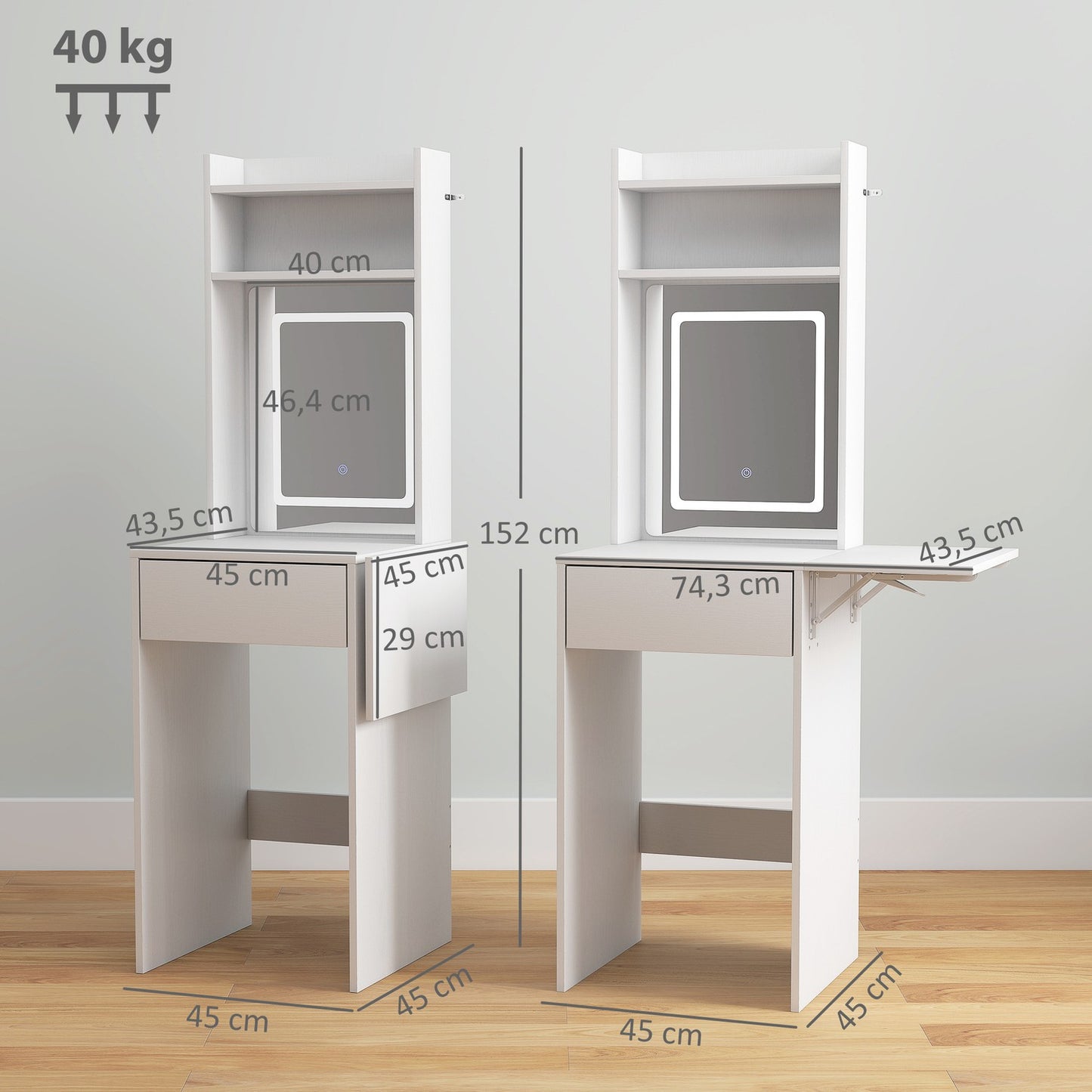 Compact dressing table with mirror and LED lighting, foldable tabletop, open shelves, drawer, MDF, white