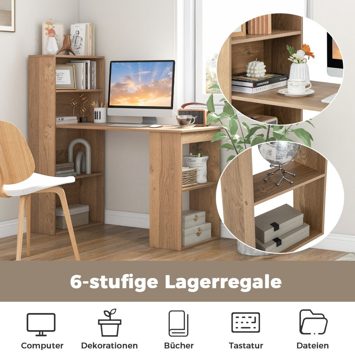 Computer Desk with 6 Shelves – Natural Wood Finish