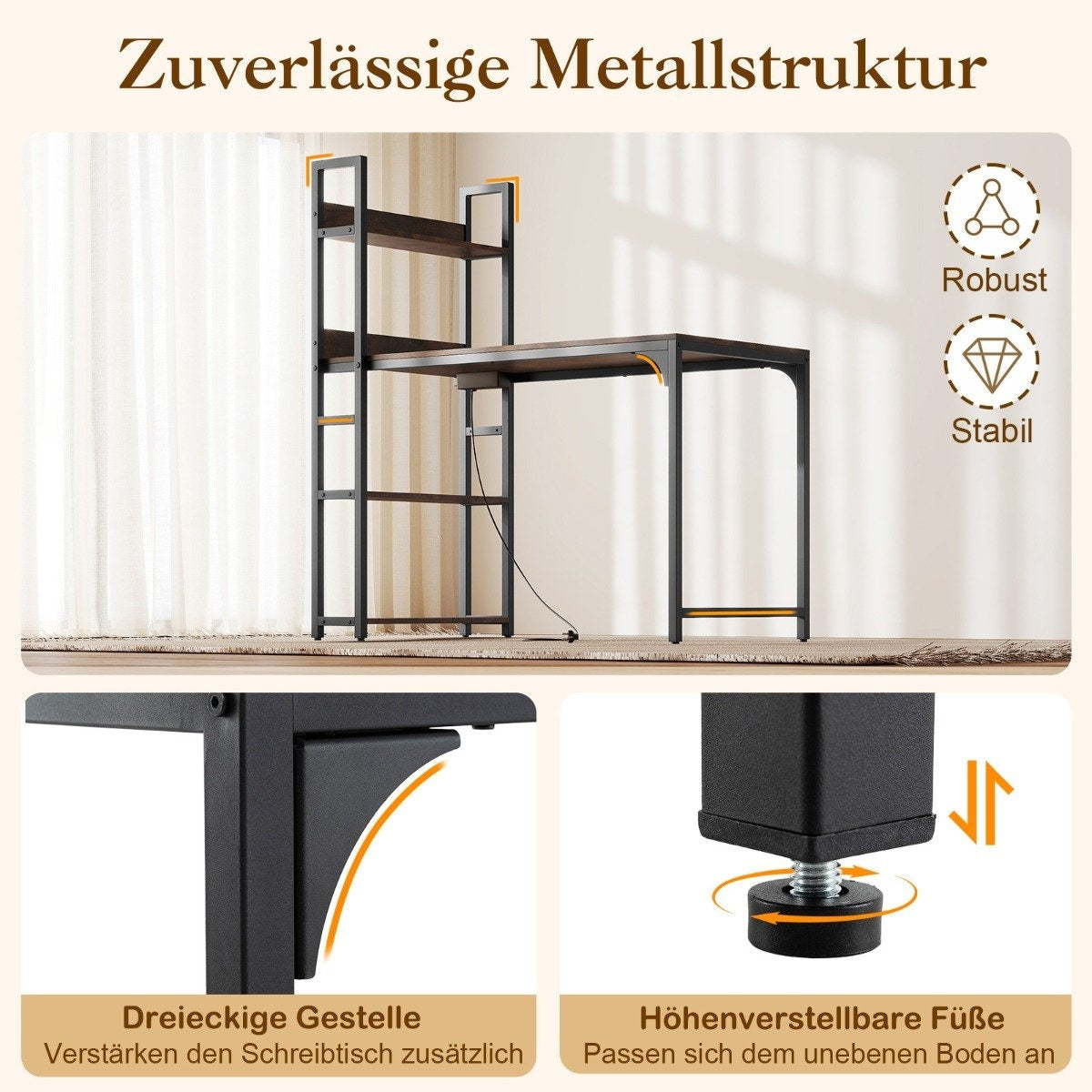 Computer Desk with Charging Station & Bookshelf, Brown