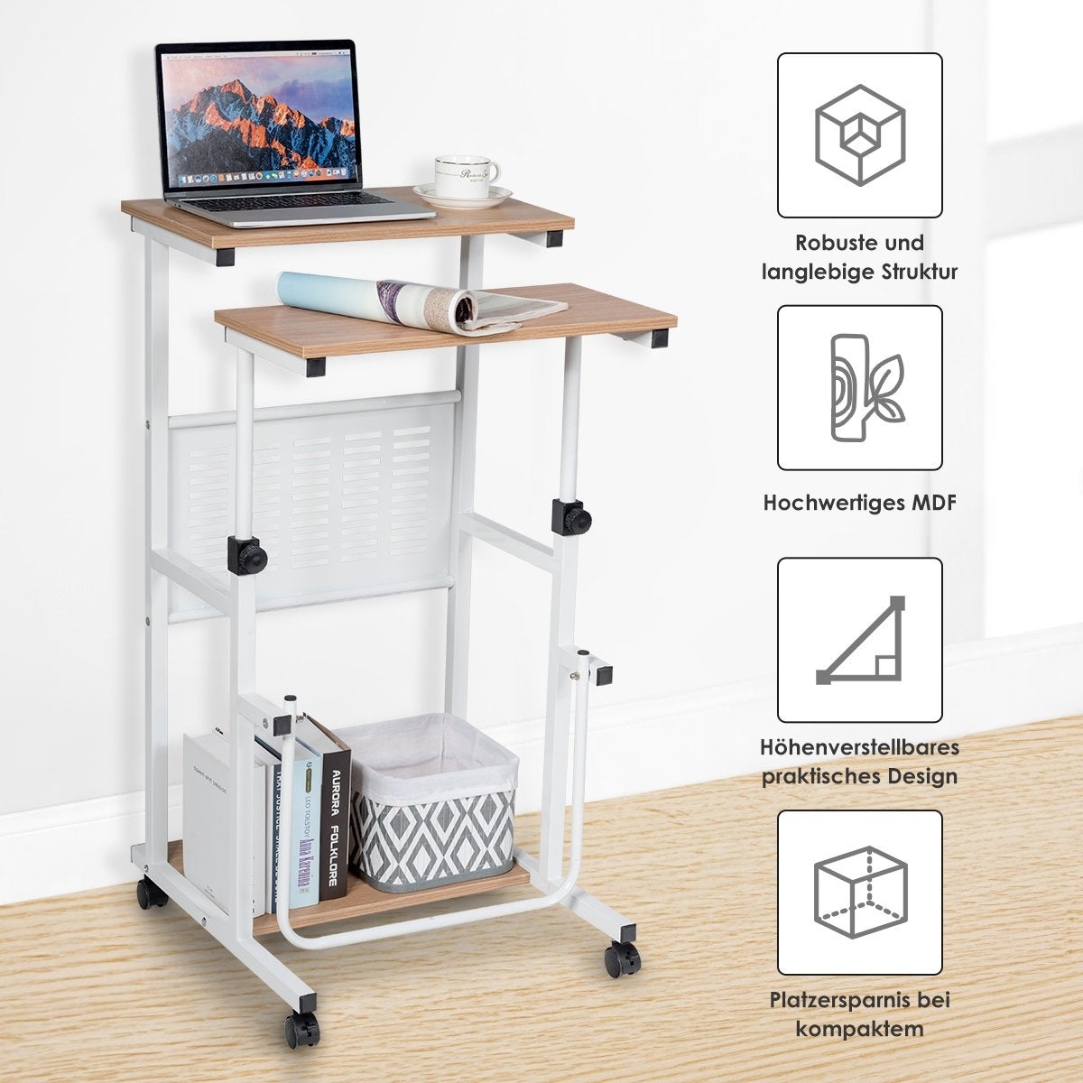 Computer table 2-in-1 office table with height-adjustable table top 55 x 53 x 98 cm natural + white