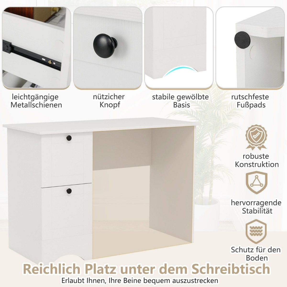 Computer table with 2 drawers, desk, robust gaming table, dressing table, laptop table, white