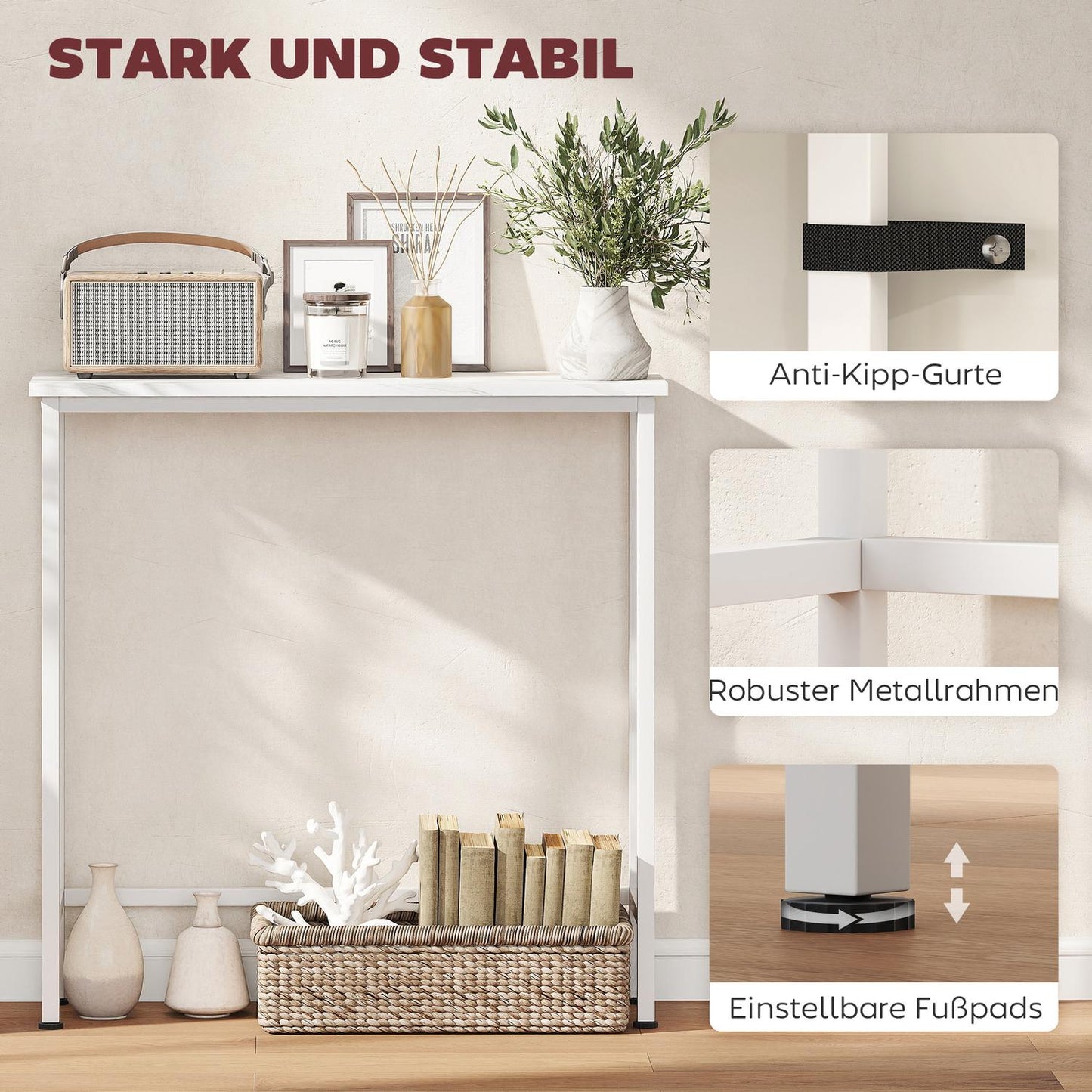 Console Table with Adjustable Feet, Anti-Tip, 75x24x76 cm, White