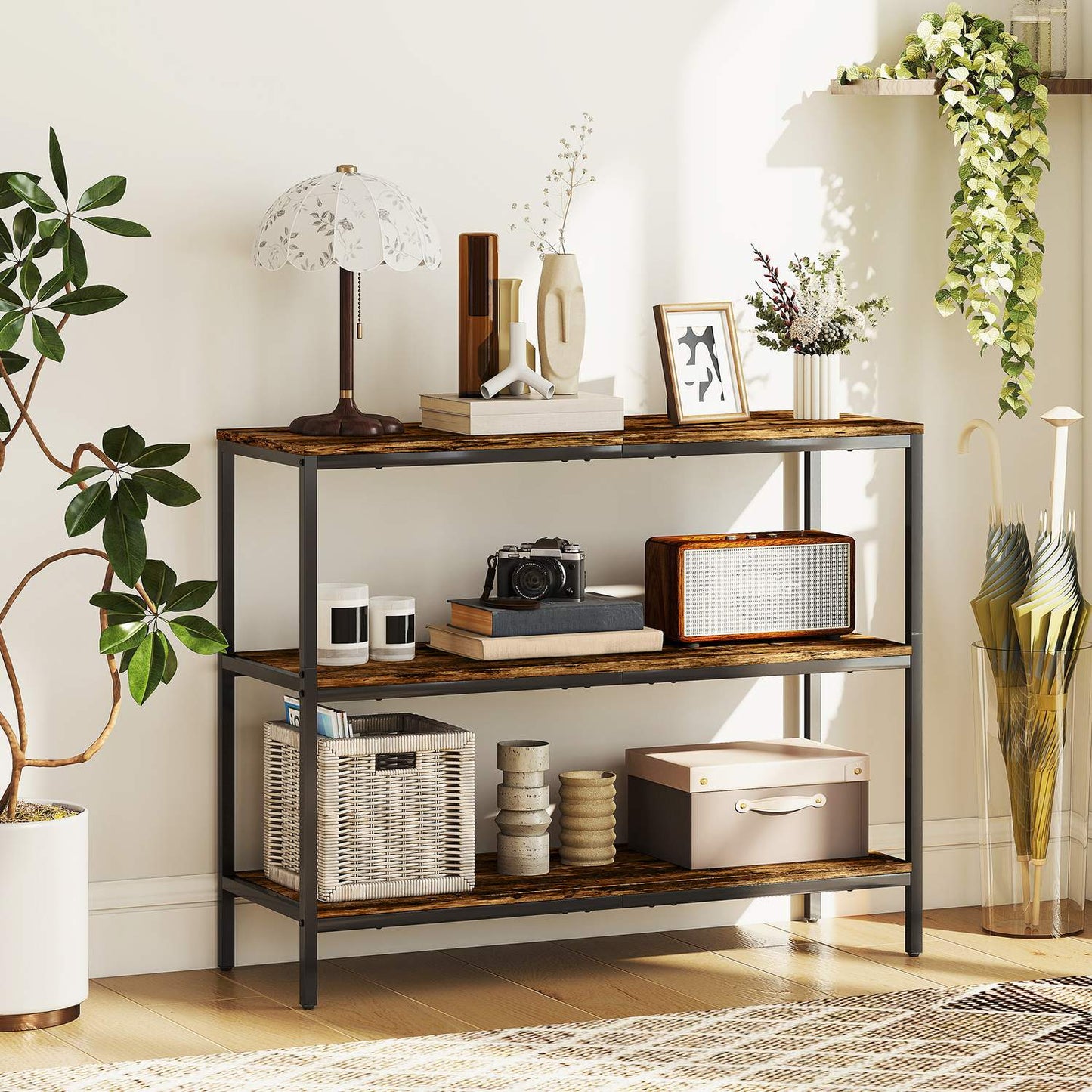 Console table, side table with 3-tier shelf, chipboard, metal, light brown