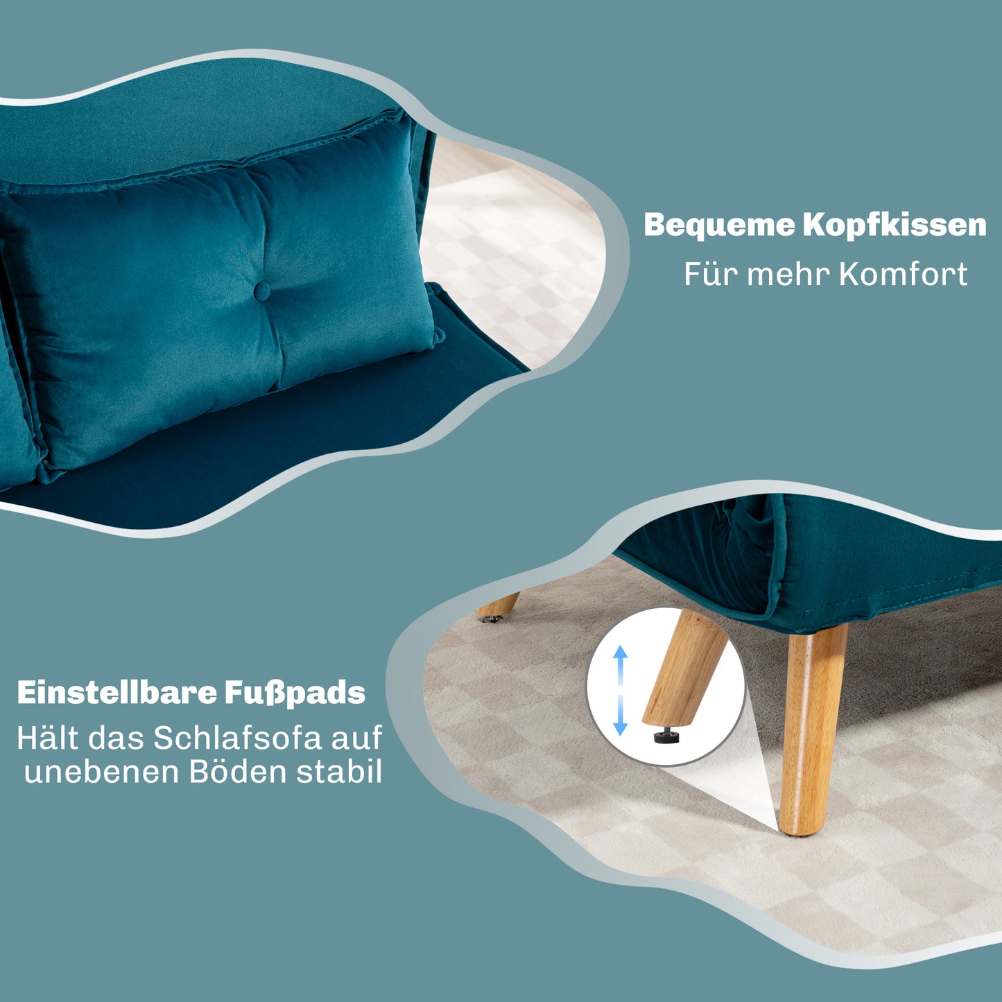 Convertible 2-Seater Sofa Bed, Adjustable Backrest, Green Fabric