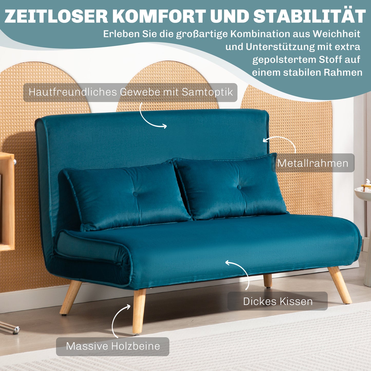 Convertible 2-Seater Sofa Bed, Adjustable Backrest, Green Fabric