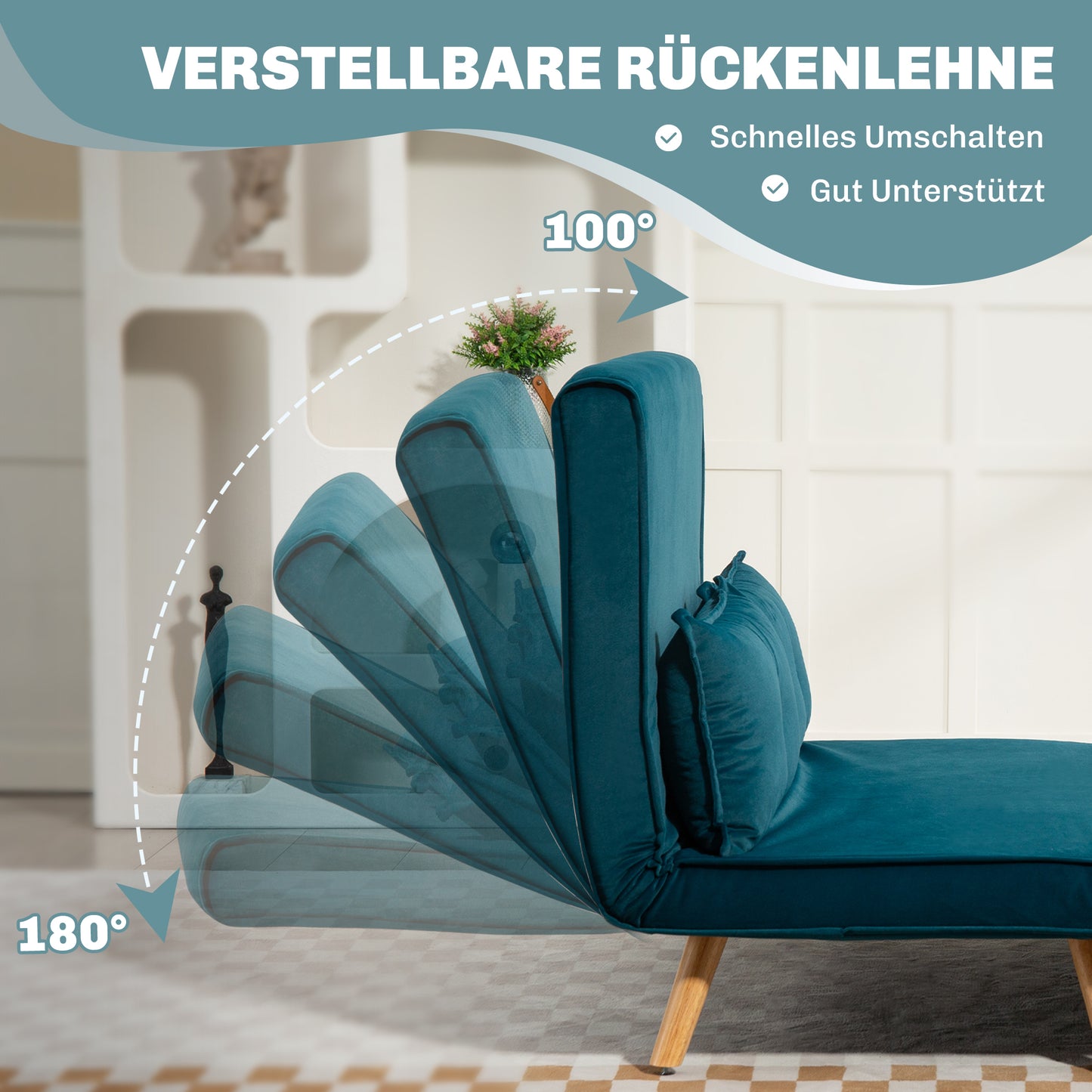 Convertible 2-Seater Sofa Bed, Adjustable Backrest, Green Fabric