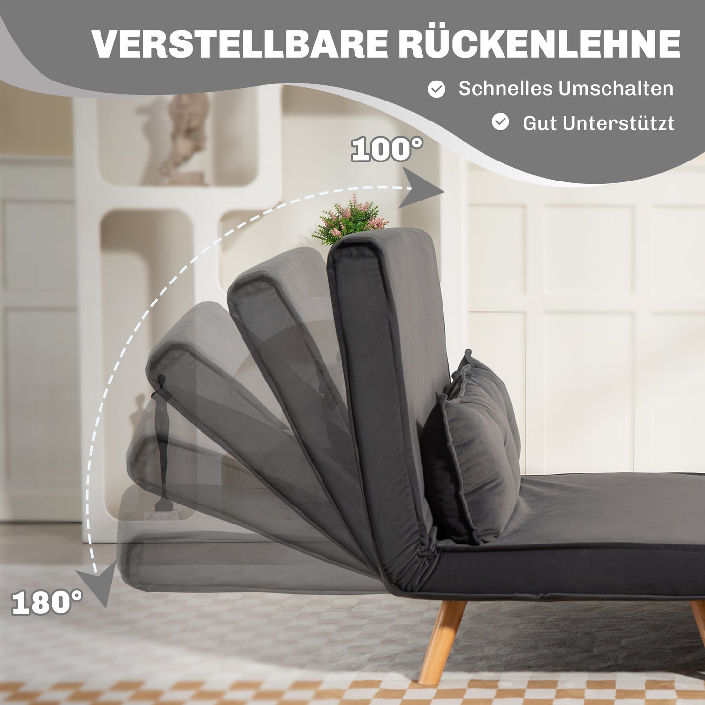Convertible 2-Seater Sofa Bed, Adjustable Backrest, Grey Fabric
